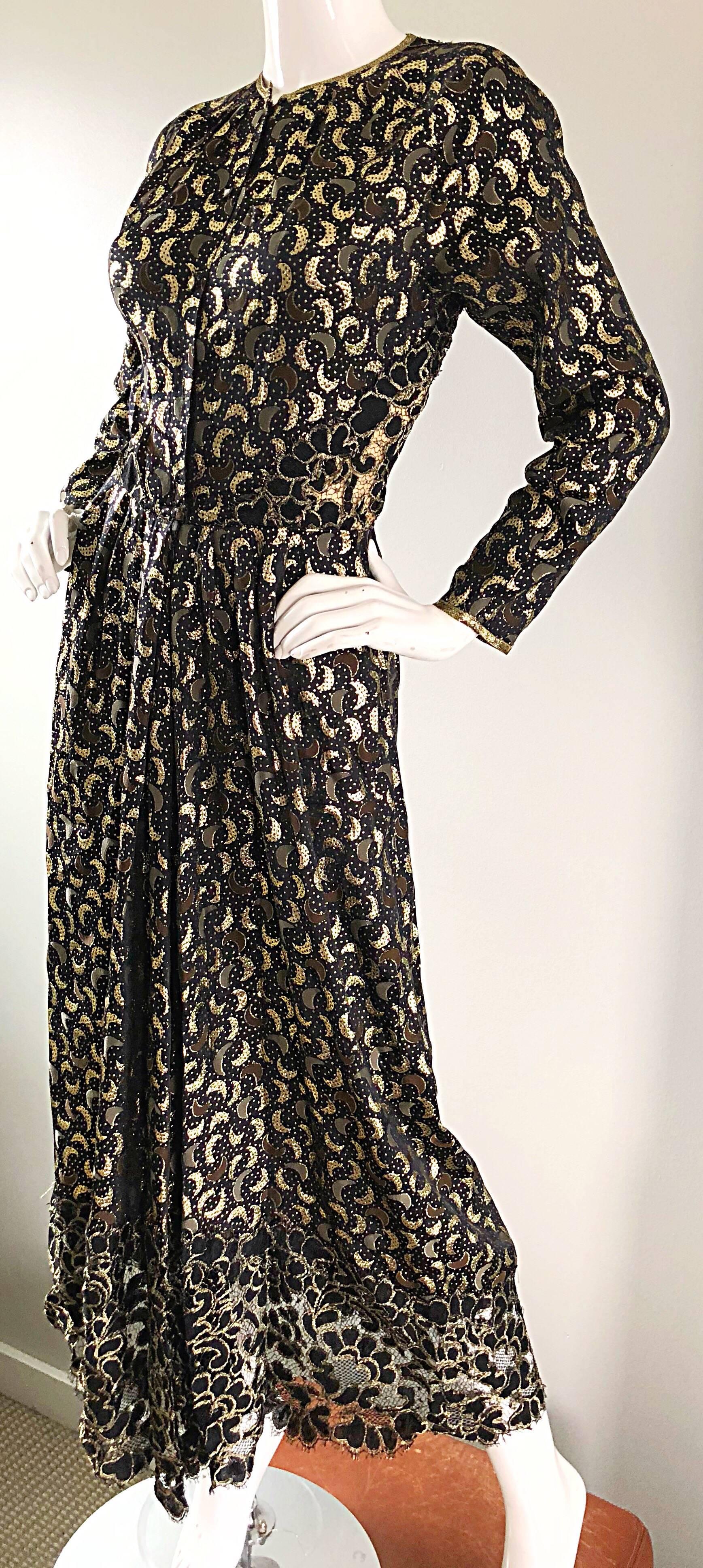 Vintage Geoffrey Beene Black and Gold Silk Lame Moon Print Lace Evening Dress 2