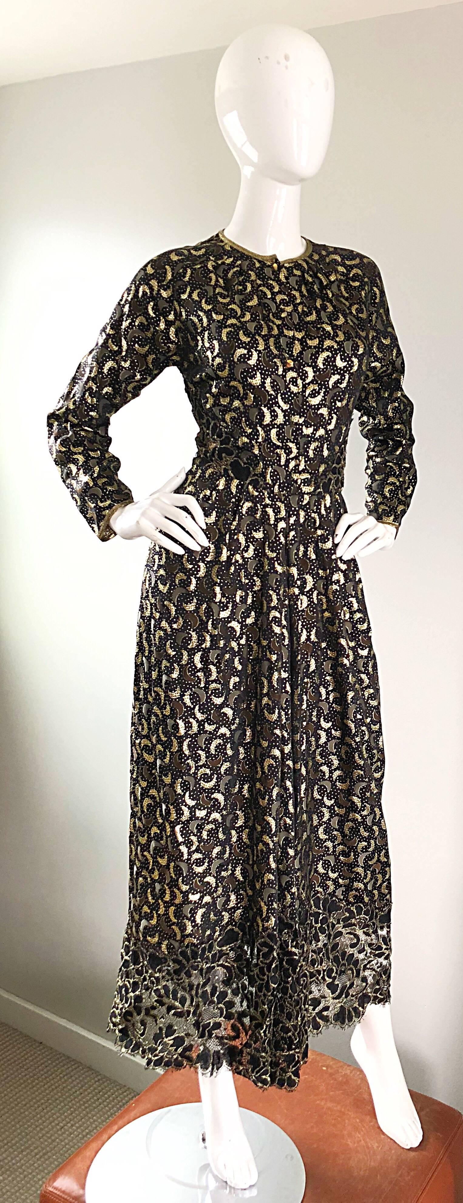 Vintage Geoffrey Beene Black and Gold Silk Lame Moon Print Lace Evening Dress 3