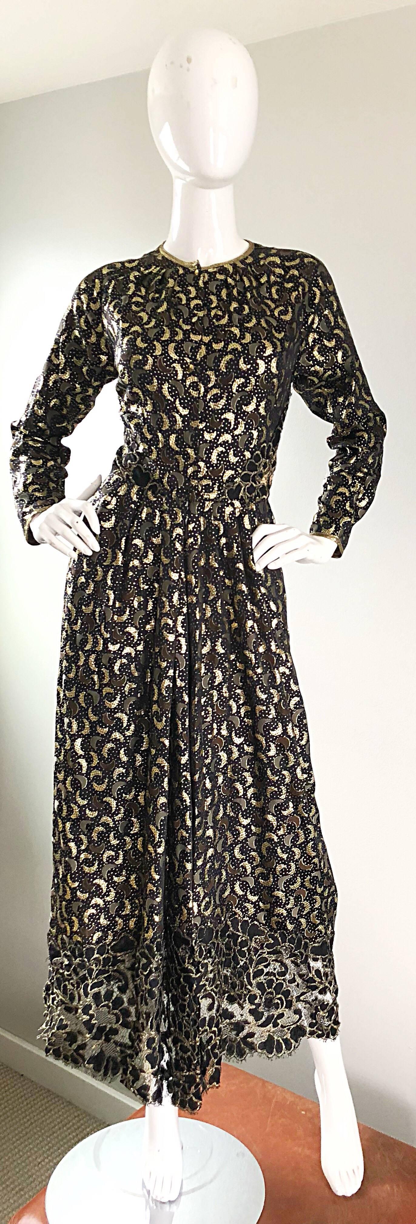 Vintage Geoffrey Beene Black and Gold Silk Lame Moon Print Lace Evening Dress 5