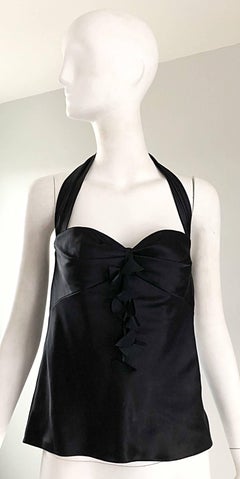 1990s Jackie Rogers Black Silk ' Pom Pom ' Vintage 90s Sexy Halter Top Blusa