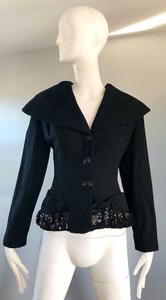 1940s Lilli Ann Gorgeous Black Wool + Sequins Dramatic Vintage 40s Jacket Coat