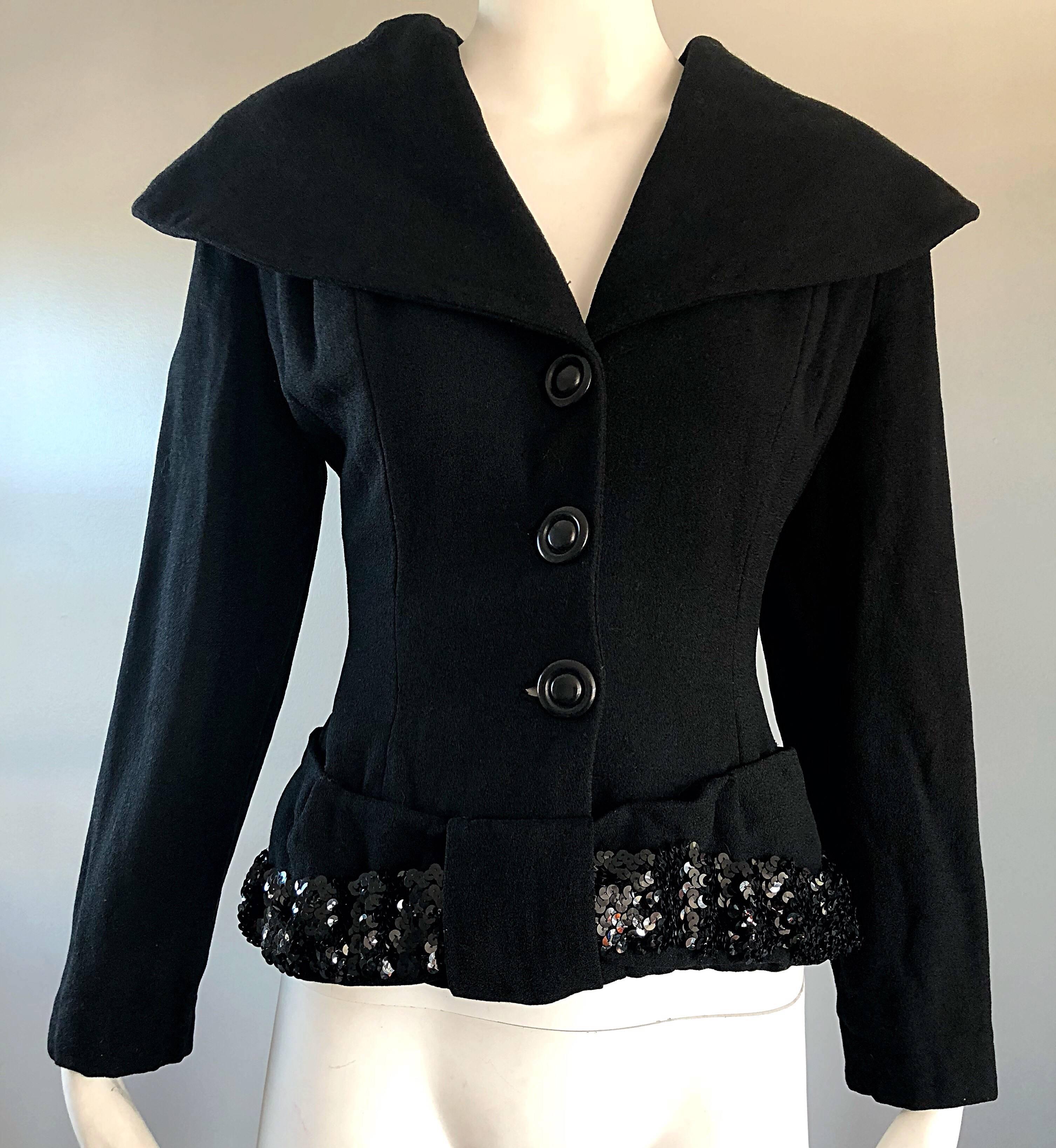 1940s Lilli Ann Gorgeous Black Wool + Sequins Dramatic Vintage 40s Jacket Coat In Excellent Condition For Sale In San Diego, CA