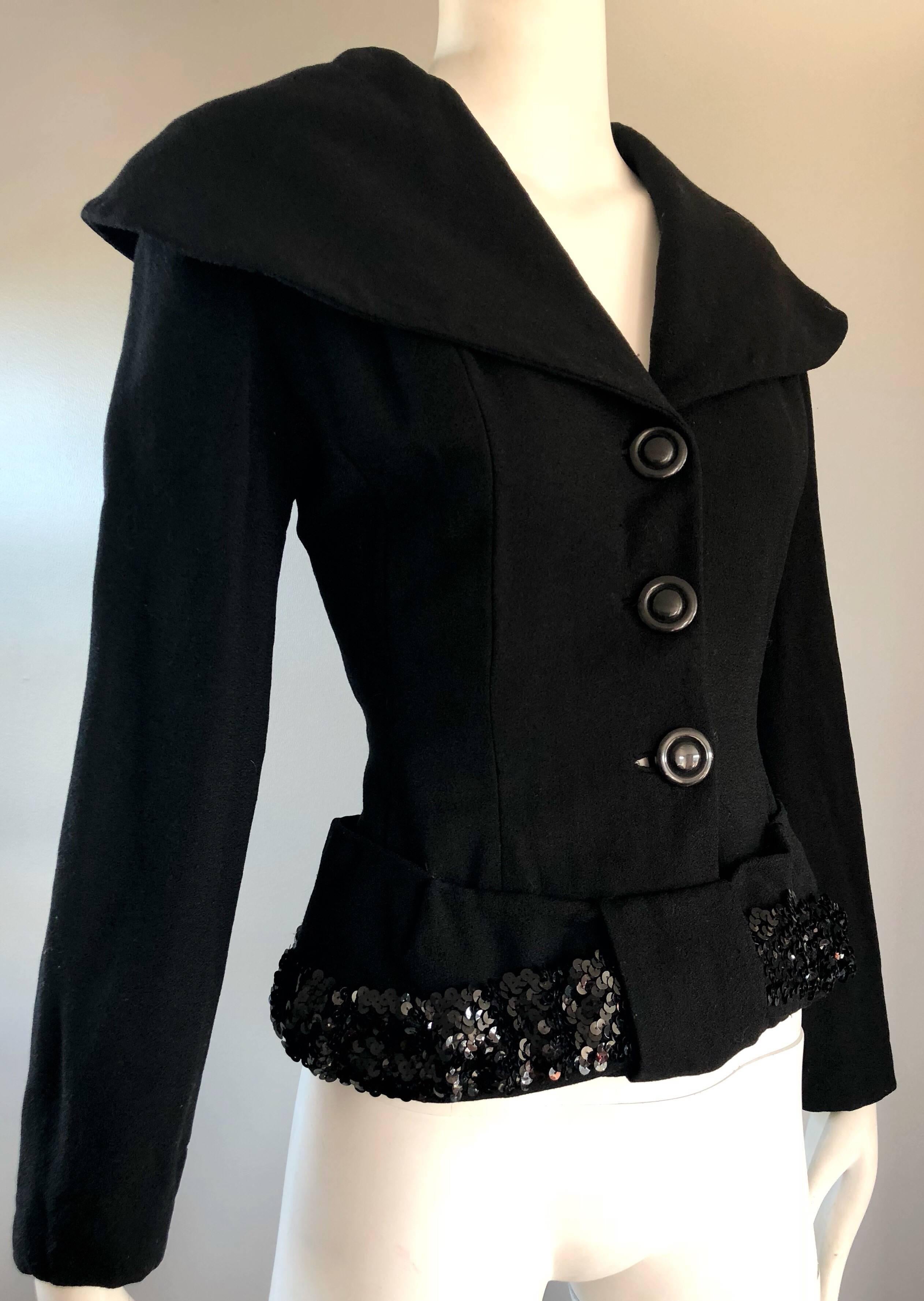 1940s Lilli Ann Gorgeous Black Wool + Sequins Dramatic Vintage 40s Jacket Coat For Sale 1
