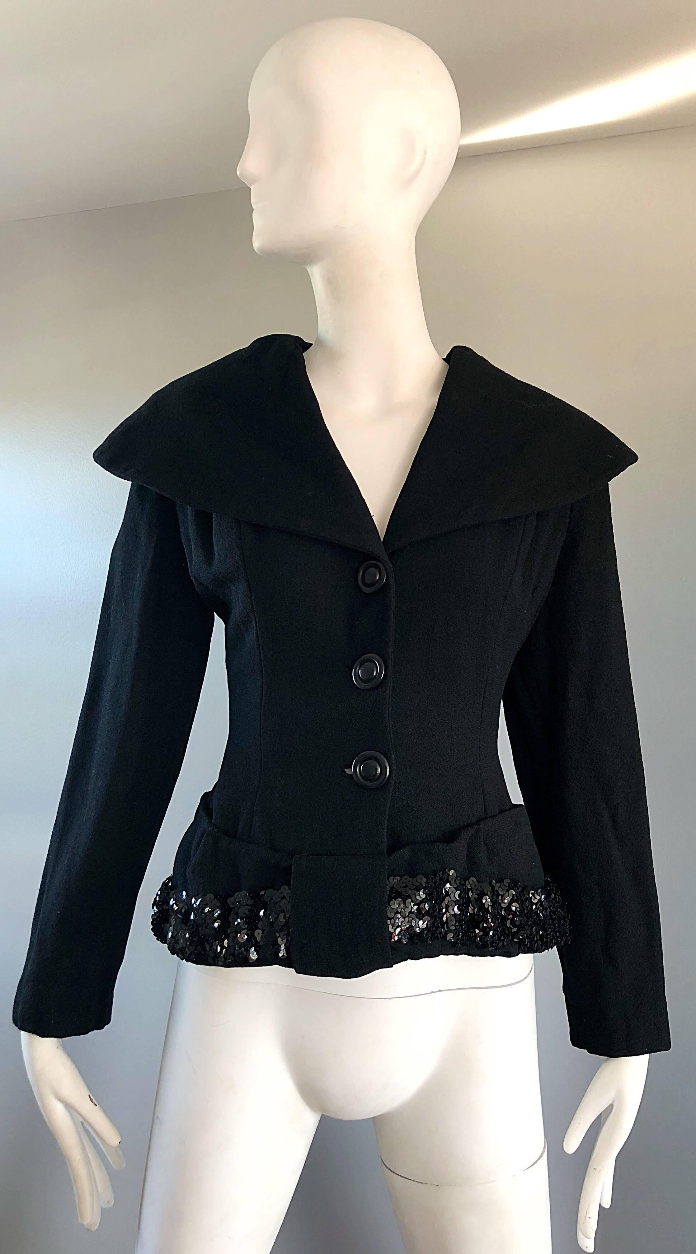 1940s Lilli Ann Gorgeous Black Wool + Sequins Dramatic Vintage 40s Jacket Coat For Sale 2