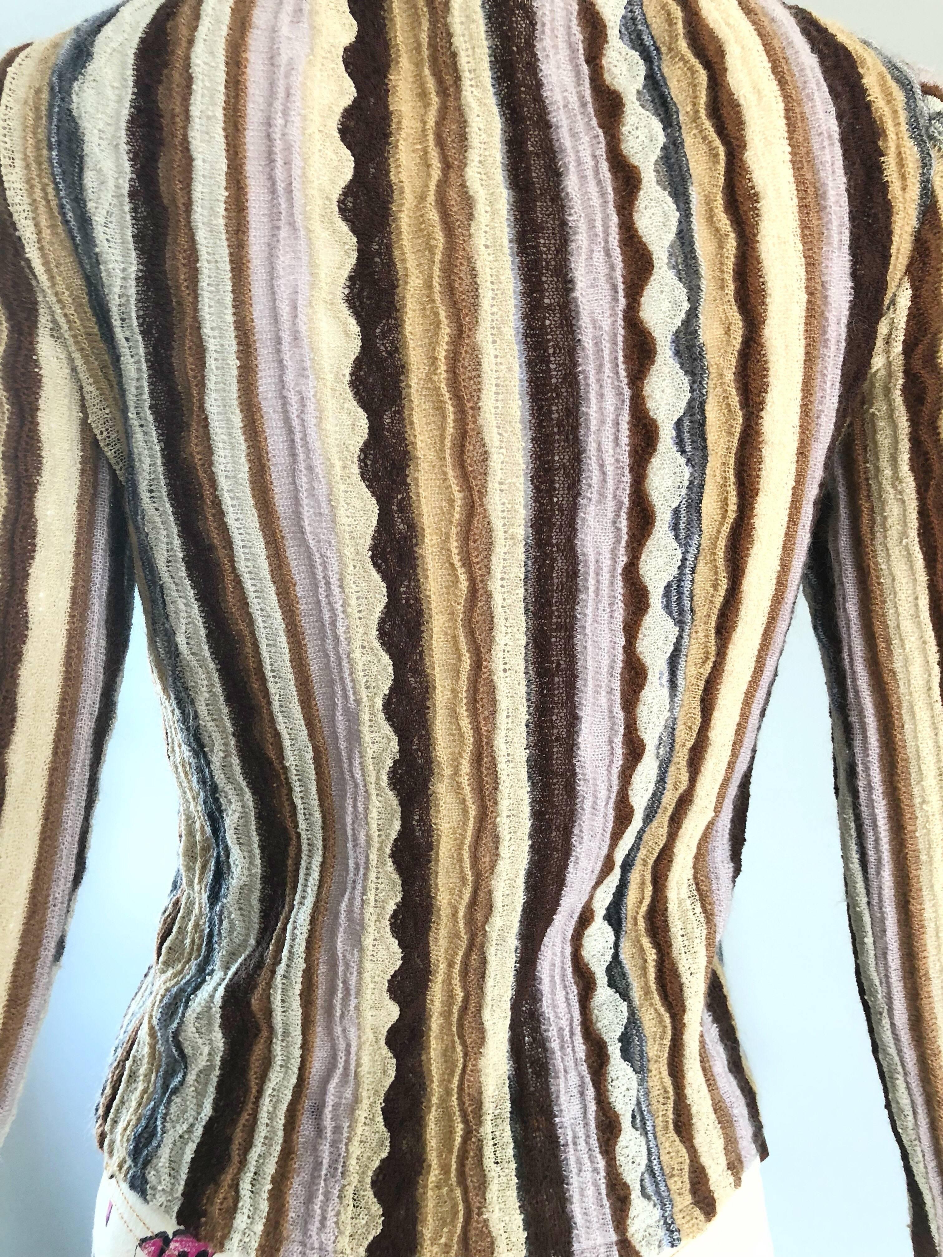 1970s Missoni Vintage Pink Brown Ivory Striped Open Front Cardigan Sweater Top 1
