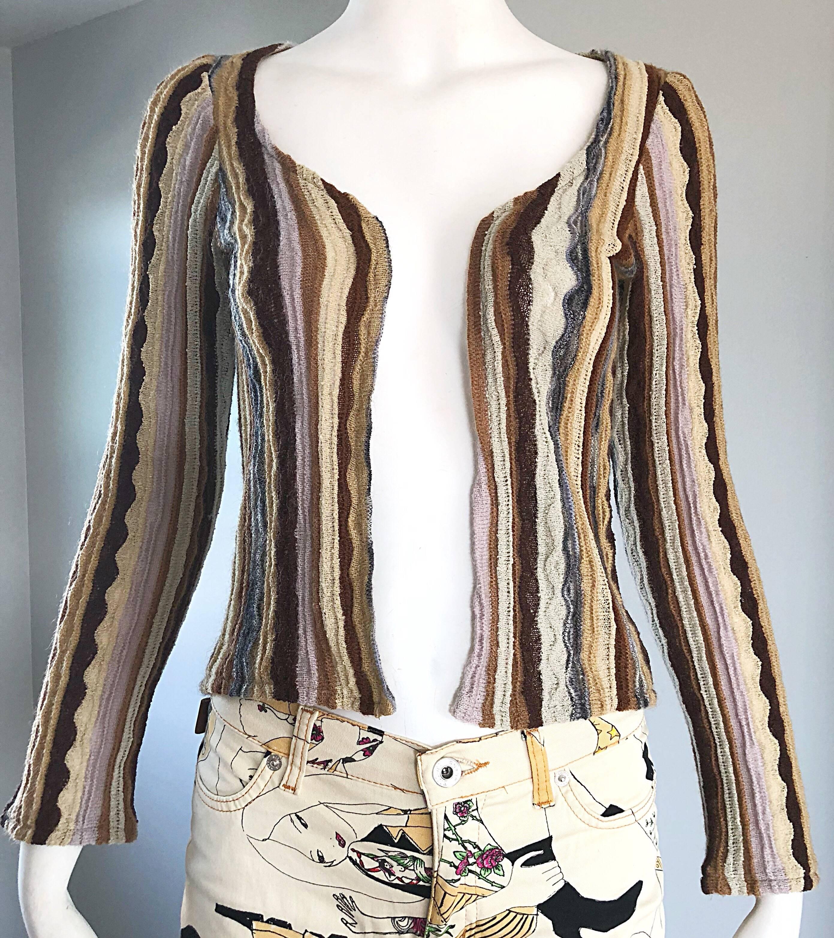 1970s Missoni Vintage Pink Brown Ivory Striped Open Front Cardigan Sweater Top 2