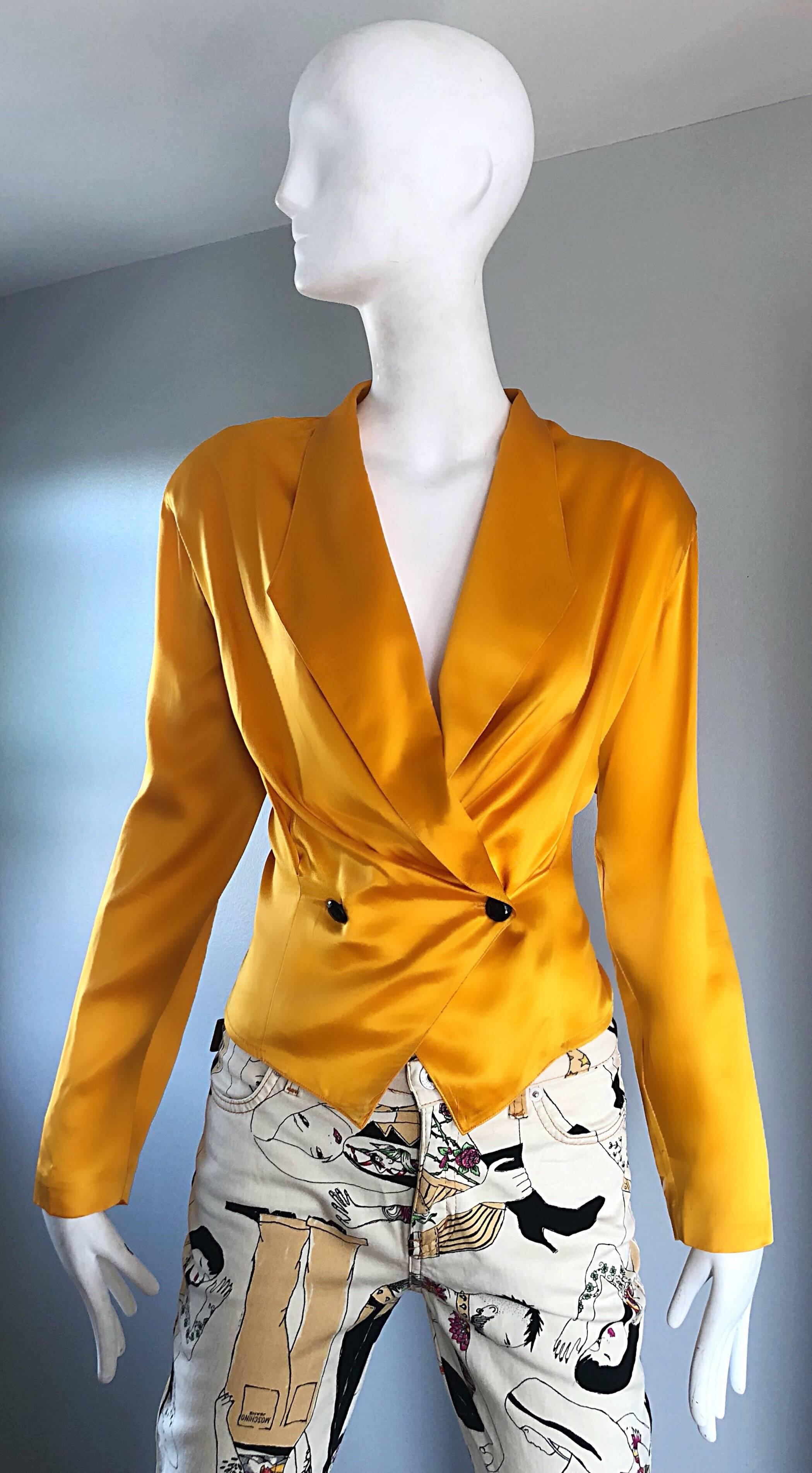 Vintage Christian Dior 1990s Yellow Marigold Size 10 Silk Long Sleeve Blouse Top 2