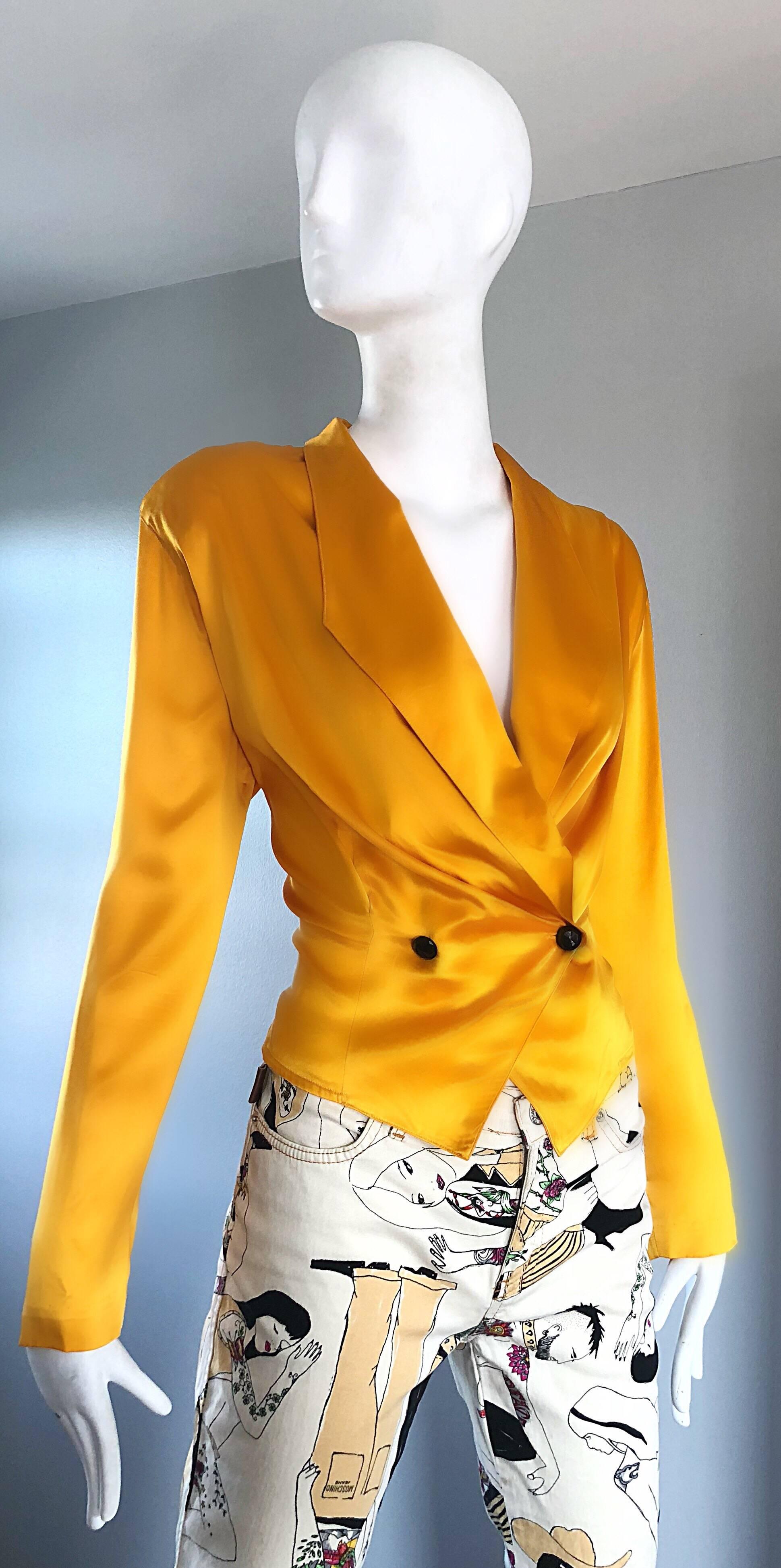 Vintage Christian Dior 1990s Yellow Marigold Size 10 Silk Long Sleeve Blouse Top 4