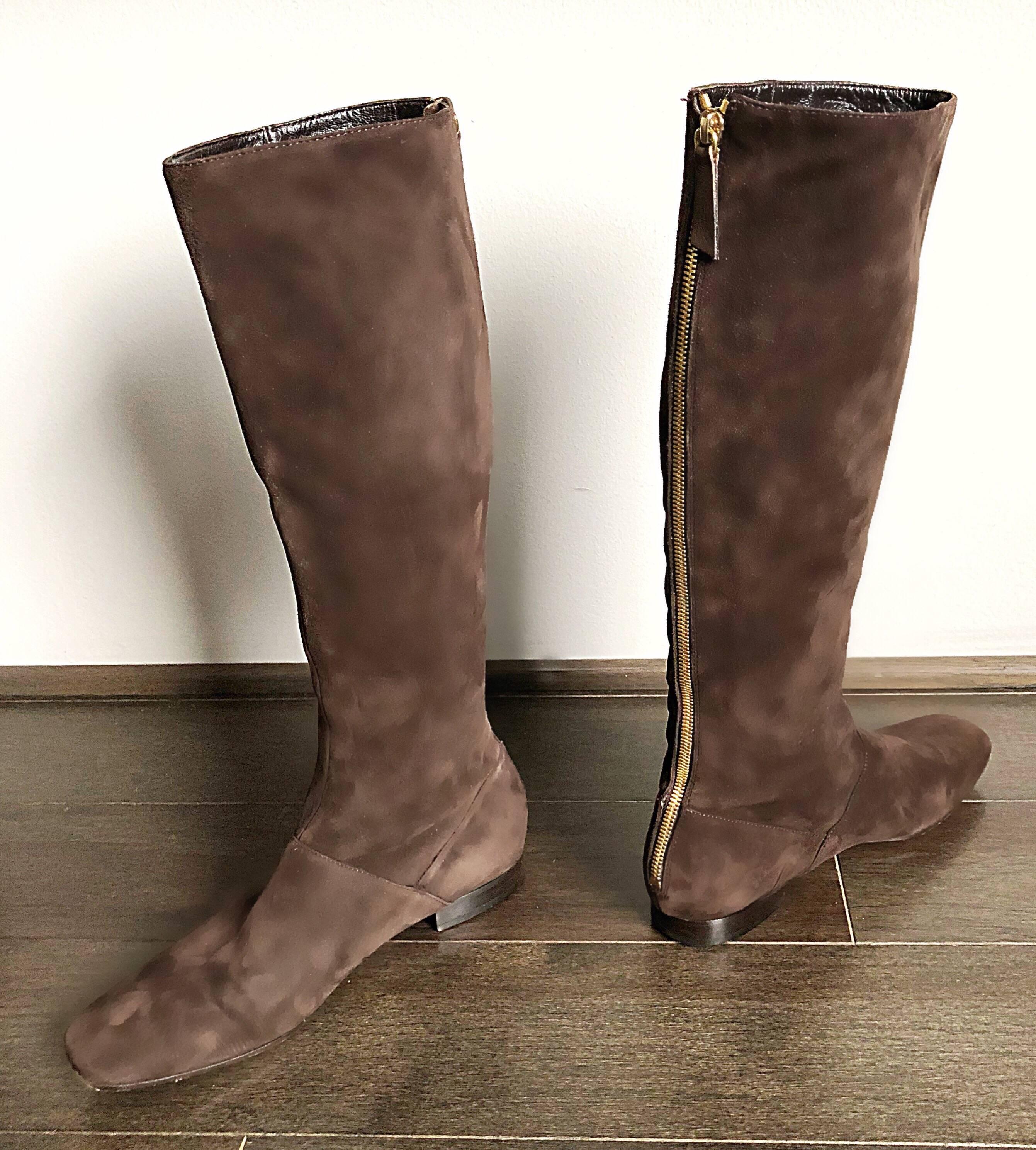 flat brown suede knee high boots