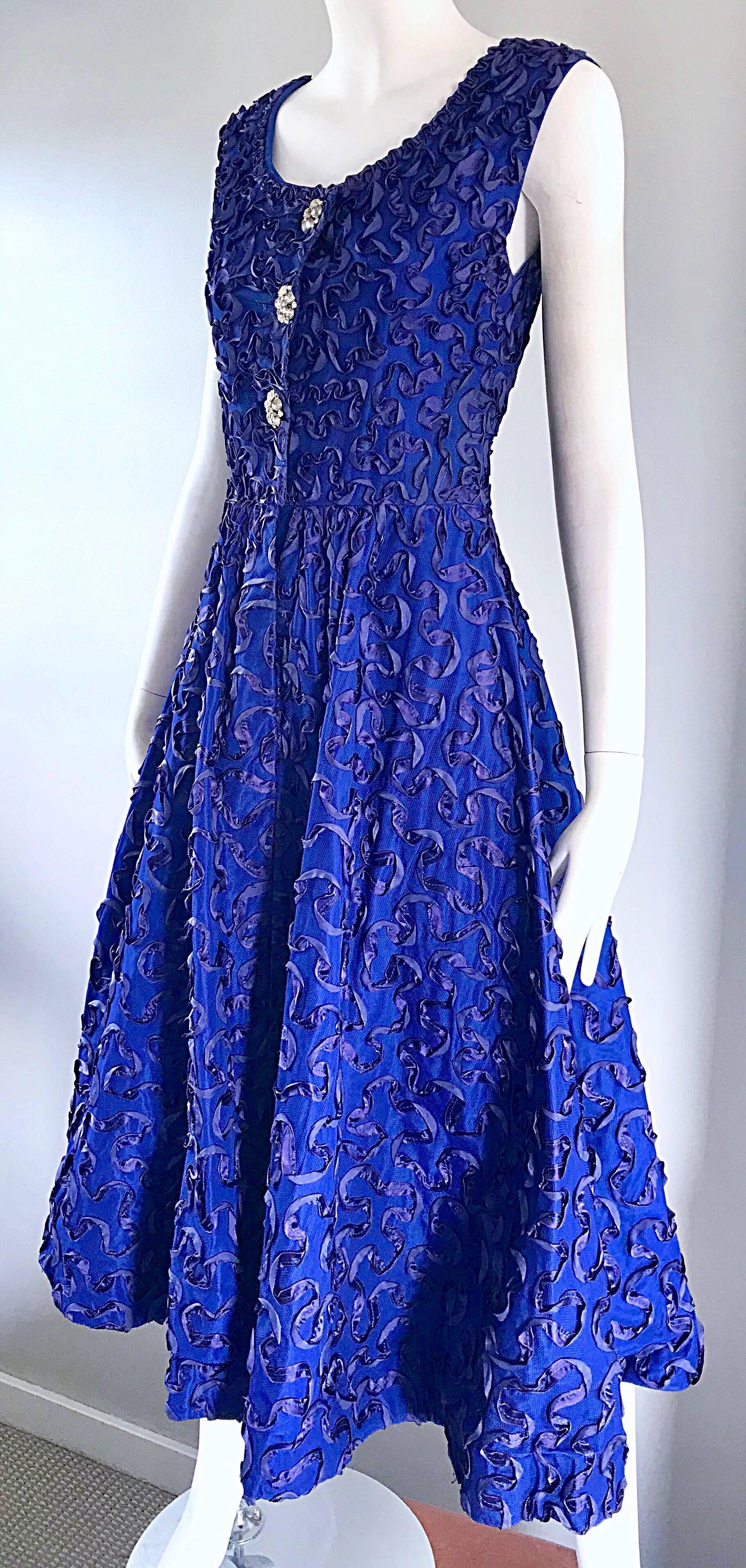 Beautiful 1950s Demi Couture Royal Blue Fit n' Flare Vintage 50s Ribbon Dress In Excellent Condition In San Diego, CA