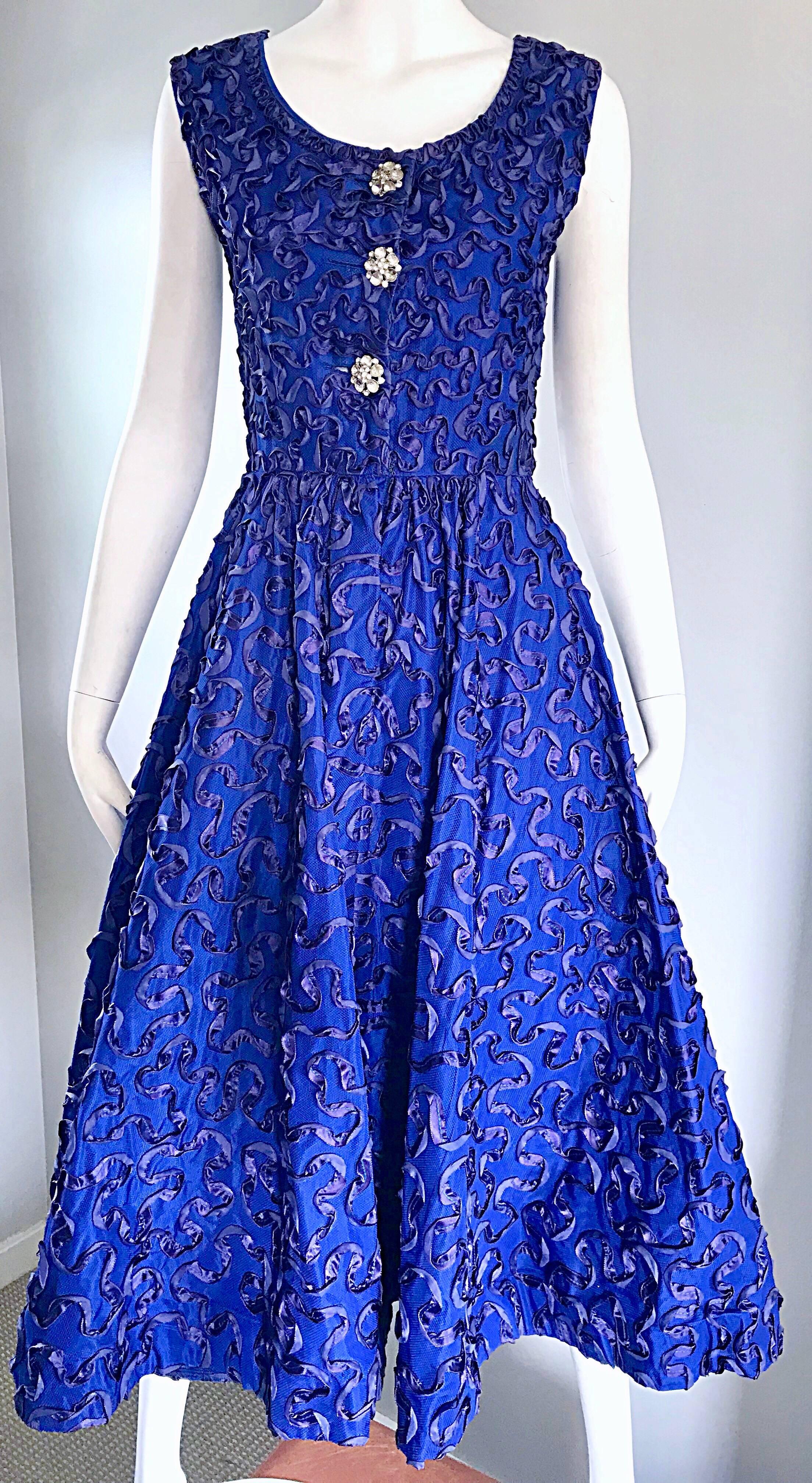 Women's Beautiful 1950s Demi Couture Royal Blue Fit n' Flare Vintage 50s Ribbon Dress