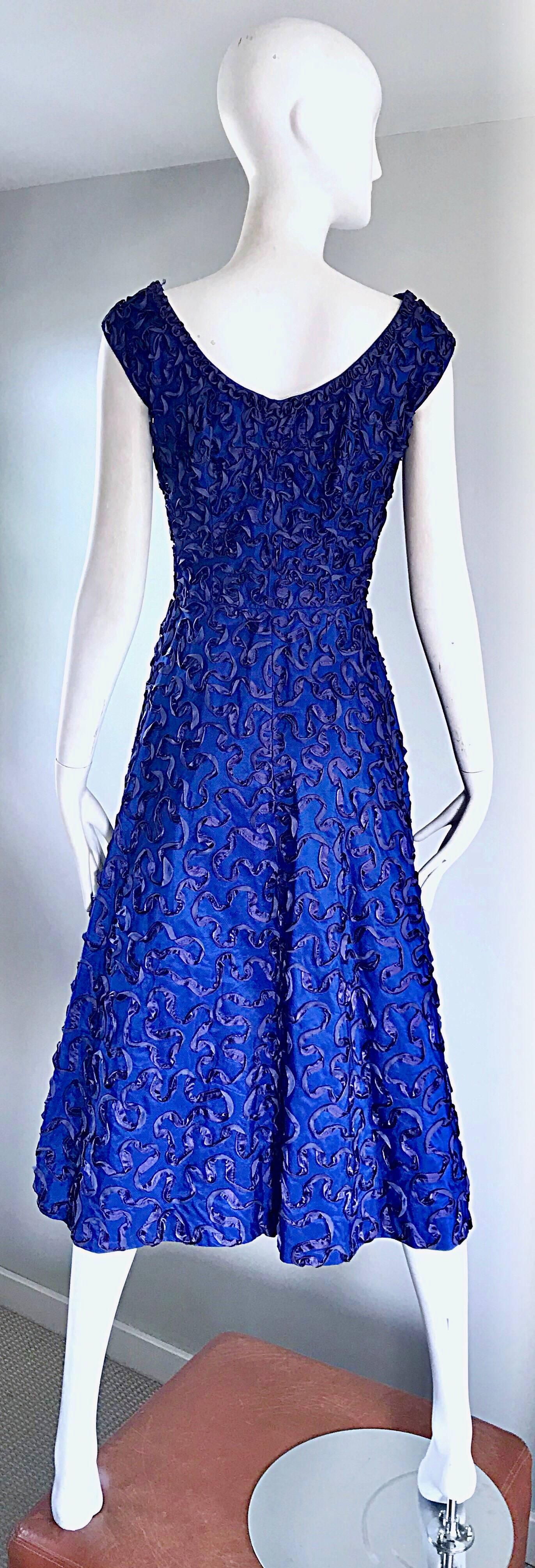 Beautiful 1950s Demi Couture Royal Blue Fit n' Flare Vintage 50s Ribbon Dress 1