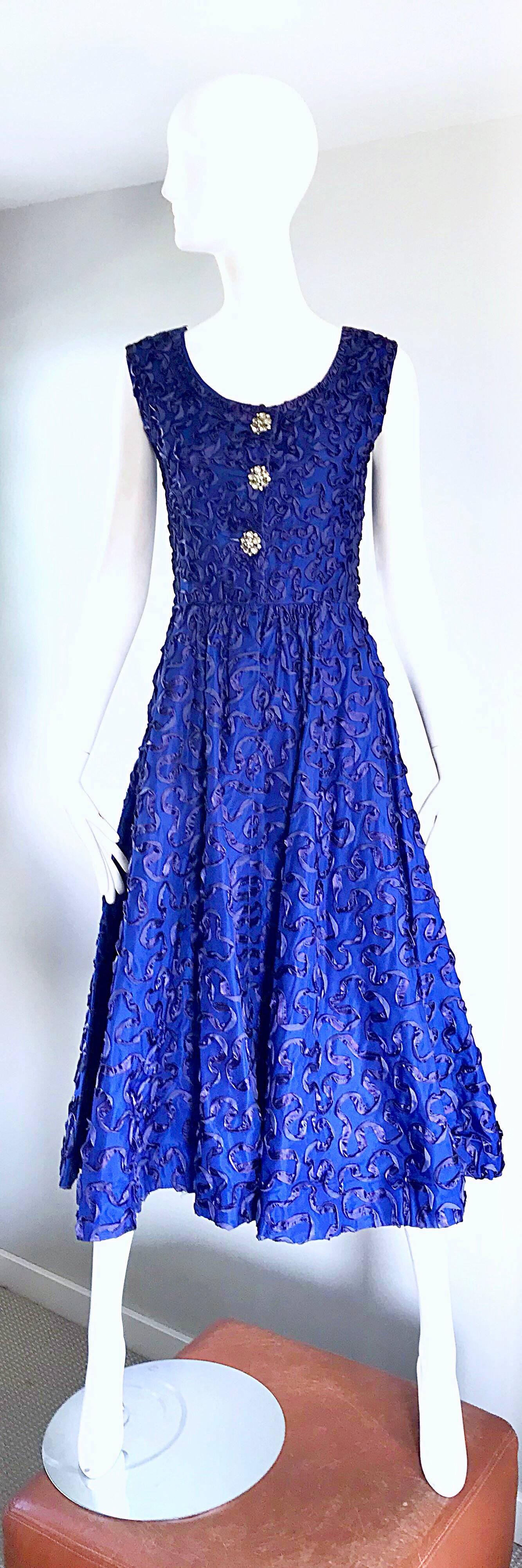 Beautiful 1950s Demi Couture Royal Blue Fit n' Flare Vintage 50s Ribbon Dress 2