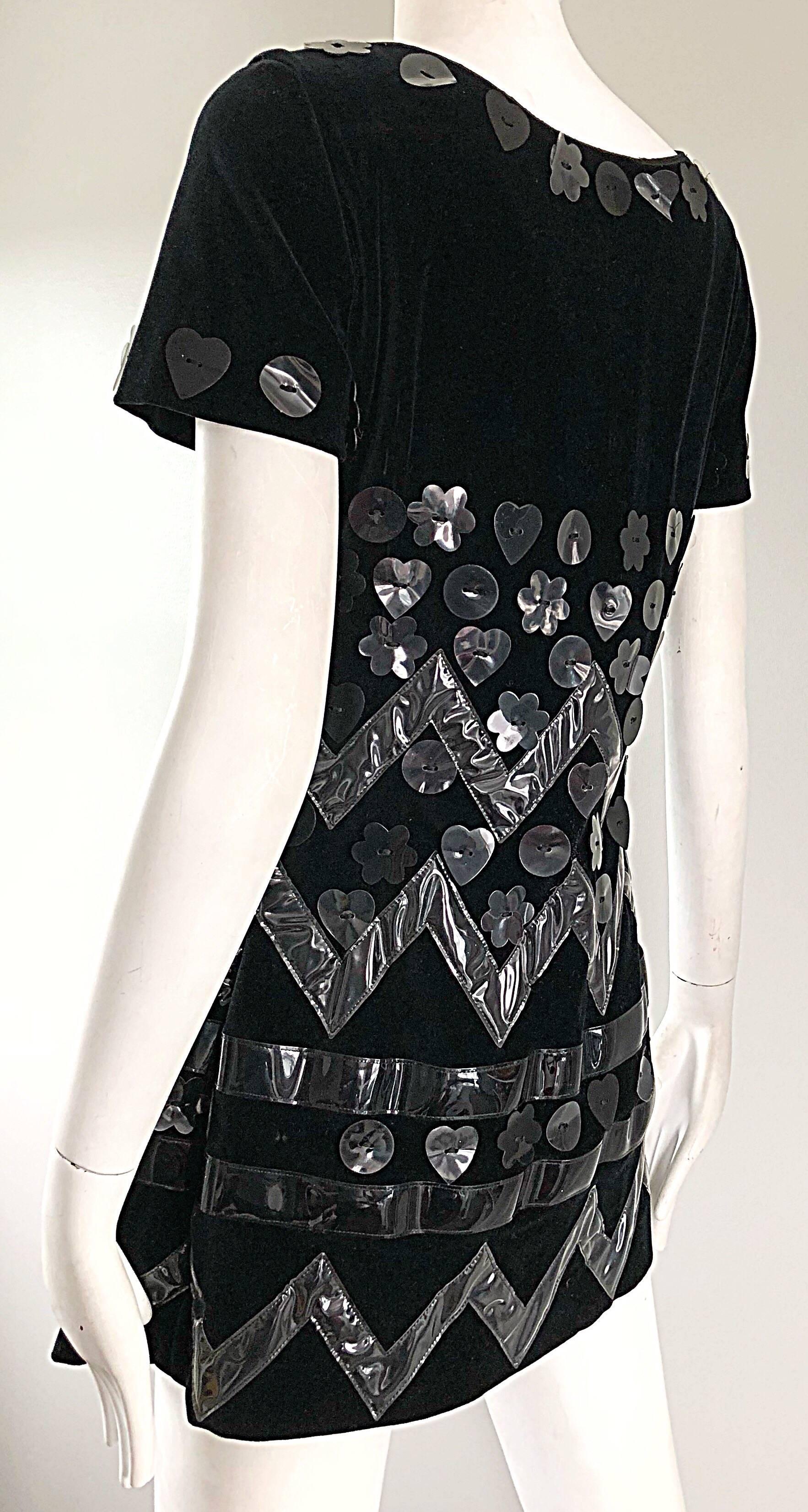 Women's Vintage Moschino Cheap & Chic 90s Does 60s Black Velvet Plastic Mod Mini Dress For Sale