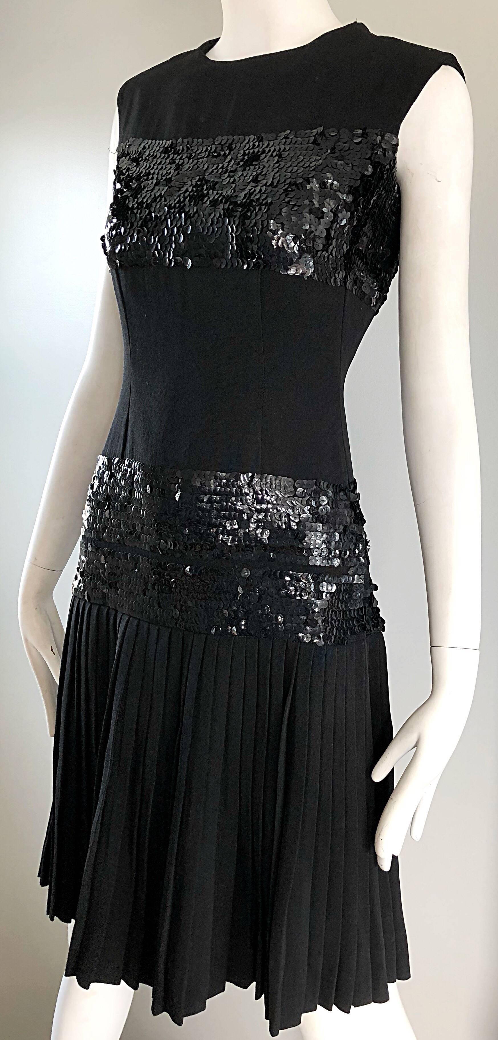 1960s Demi Couture 60s Black Sequin Crepe Vintage Pleated Skirt Dress  In Excellent Condition In San Diego, CA