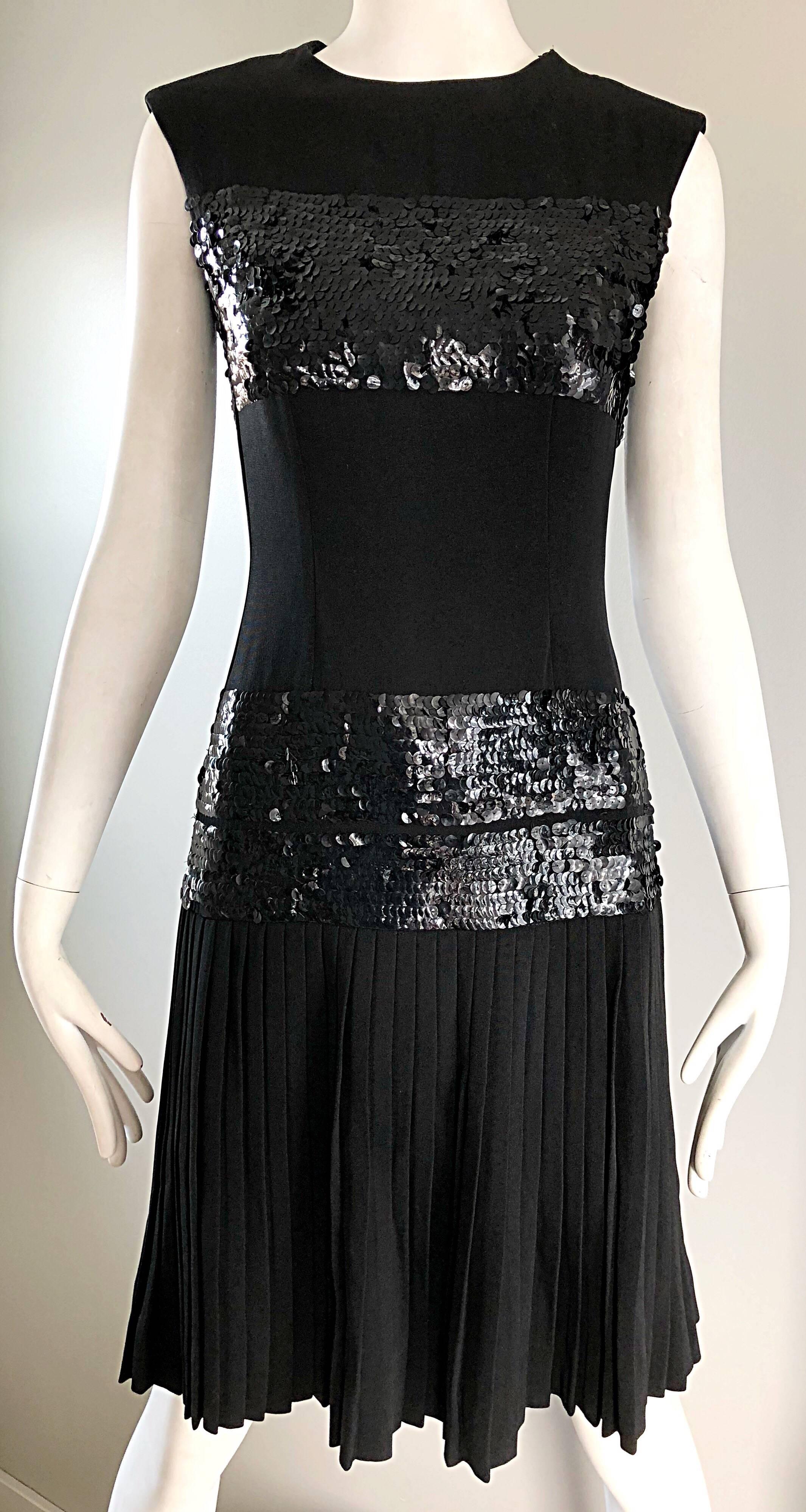 Women's 1960s Demi Couture 60s Black Sequin Crepe Vintage Pleated Skirt Dress 