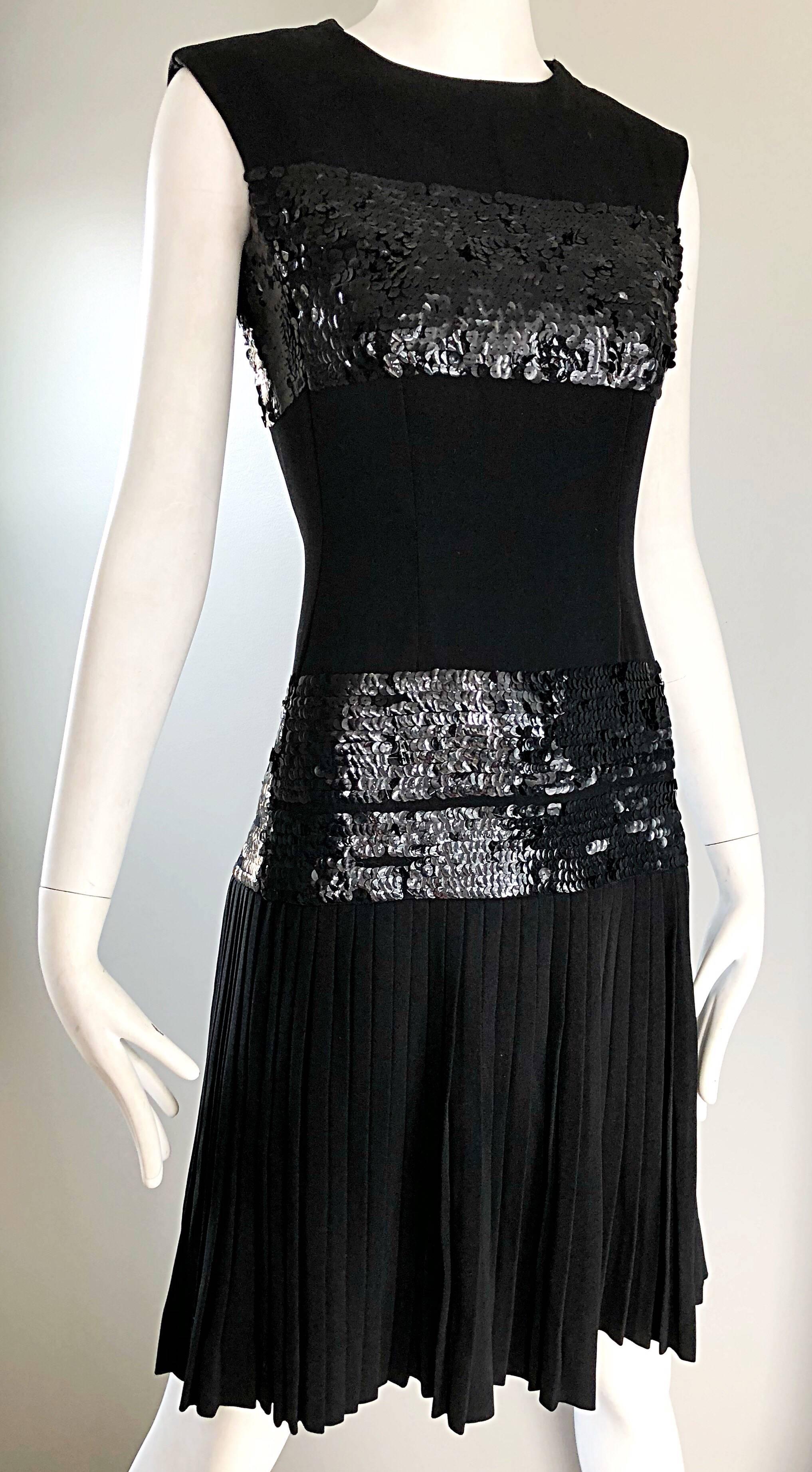 1960s Demi Couture 60s Black Sequin Crepe Vintage Pleated Skirt Dress  1