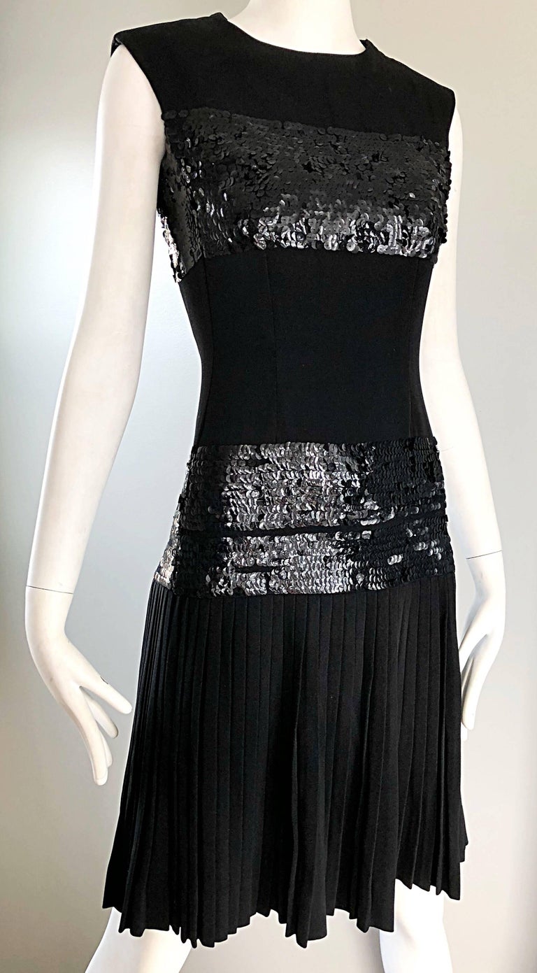 1960s Demi Couture 60s Black Sequin Crepe Vintage Pleated Skirt Dress ...