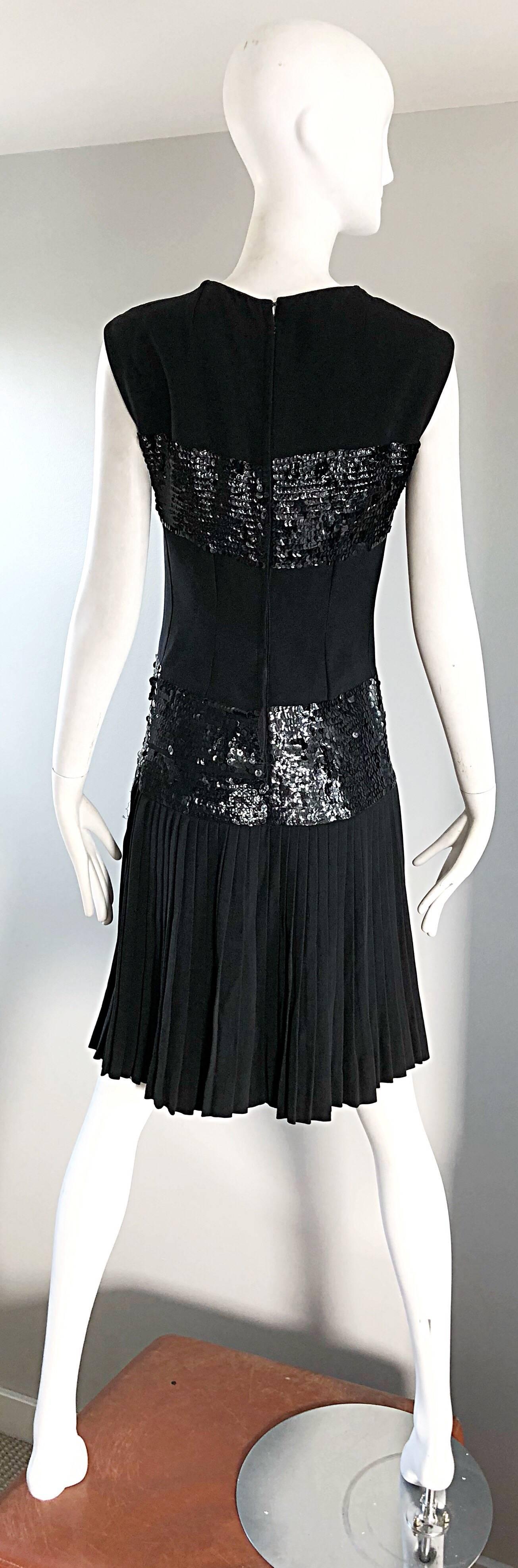 1960s Demi Couture 60s Black Sequin Crepe Vintage Pleated Skirt Dress  2