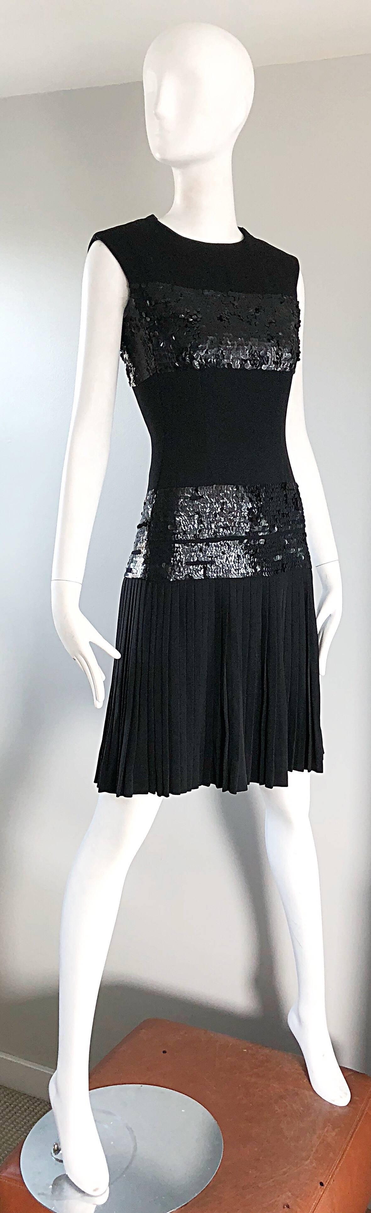 1960s Demi Couture 60s Black Sequin Crepe Vintage Pleated Skirt Dress  3