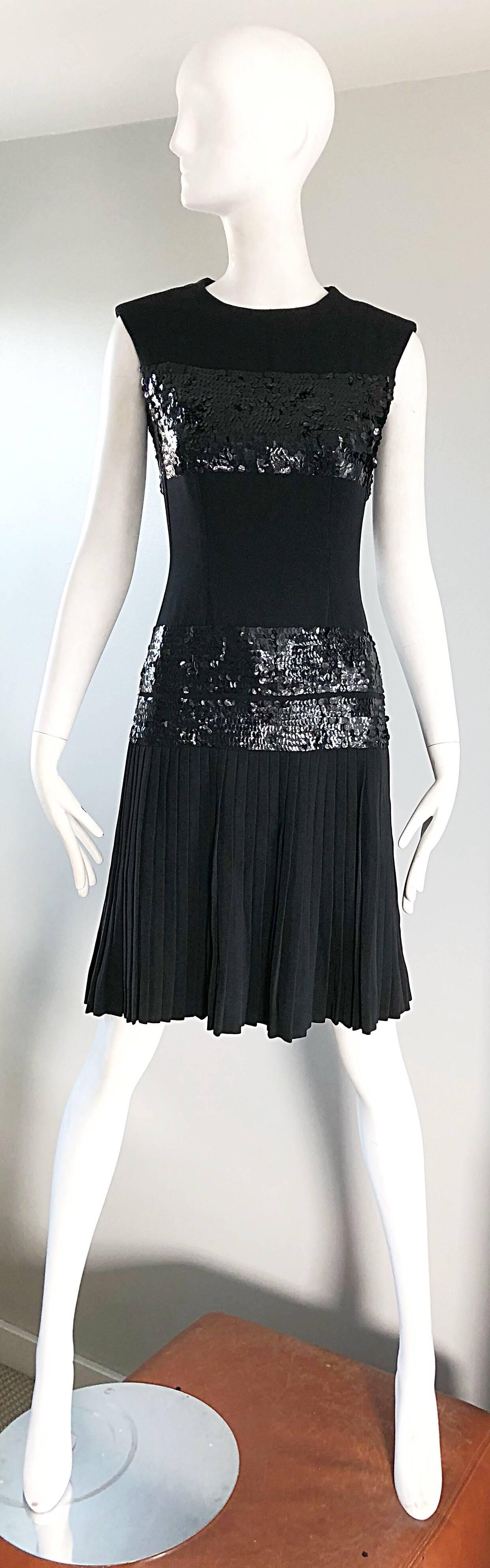 1960s Demi Couture 60s Black Sequin Crepe Vintage Pleated Skirt Dress  4