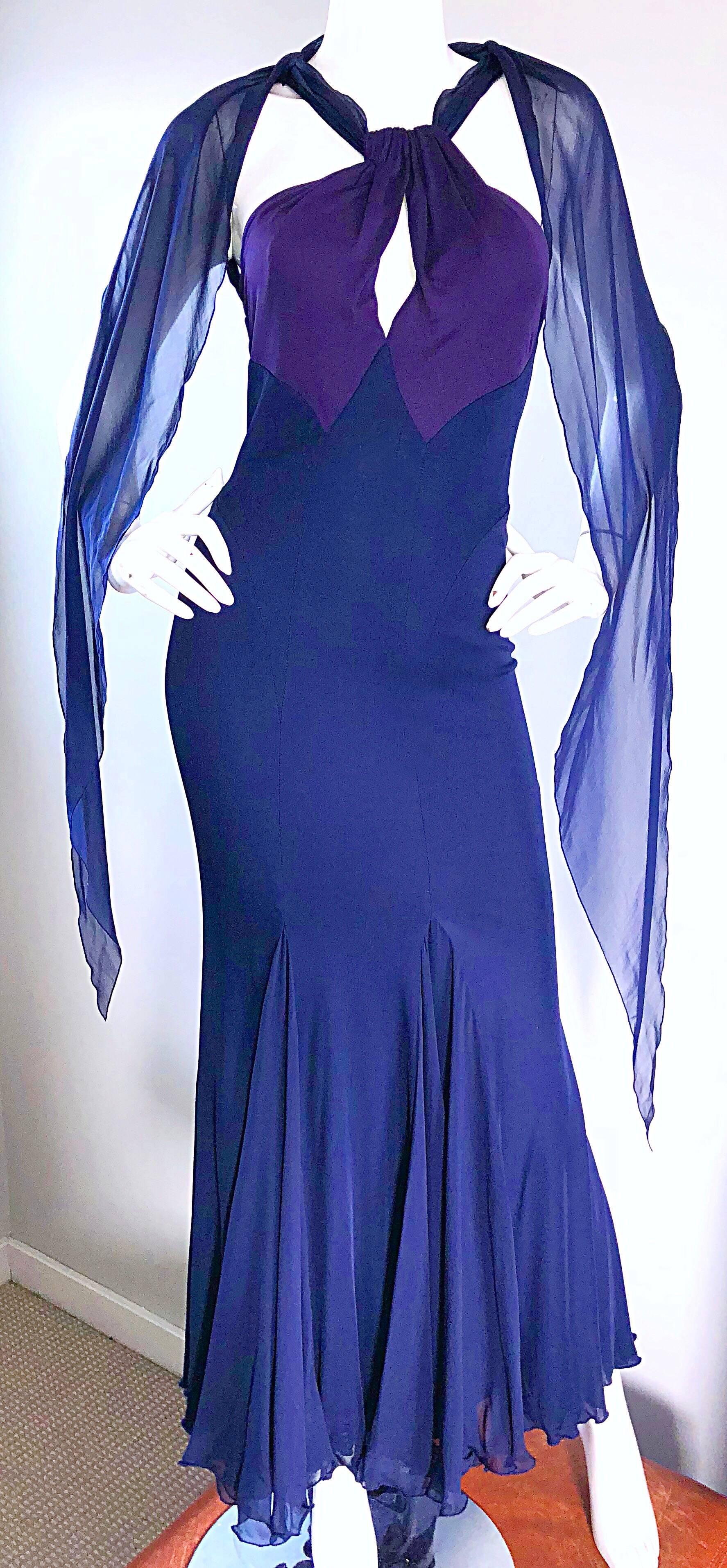 Gorgeous 1990s / 90s BILL BLASS original sample grecian inspired color block evening dress! Features a slinky silk jersey that stretches to fit. Purple bodice, with keyhole cut-out at center bust, and navy skirt. Navy blue chiffon ties at the back