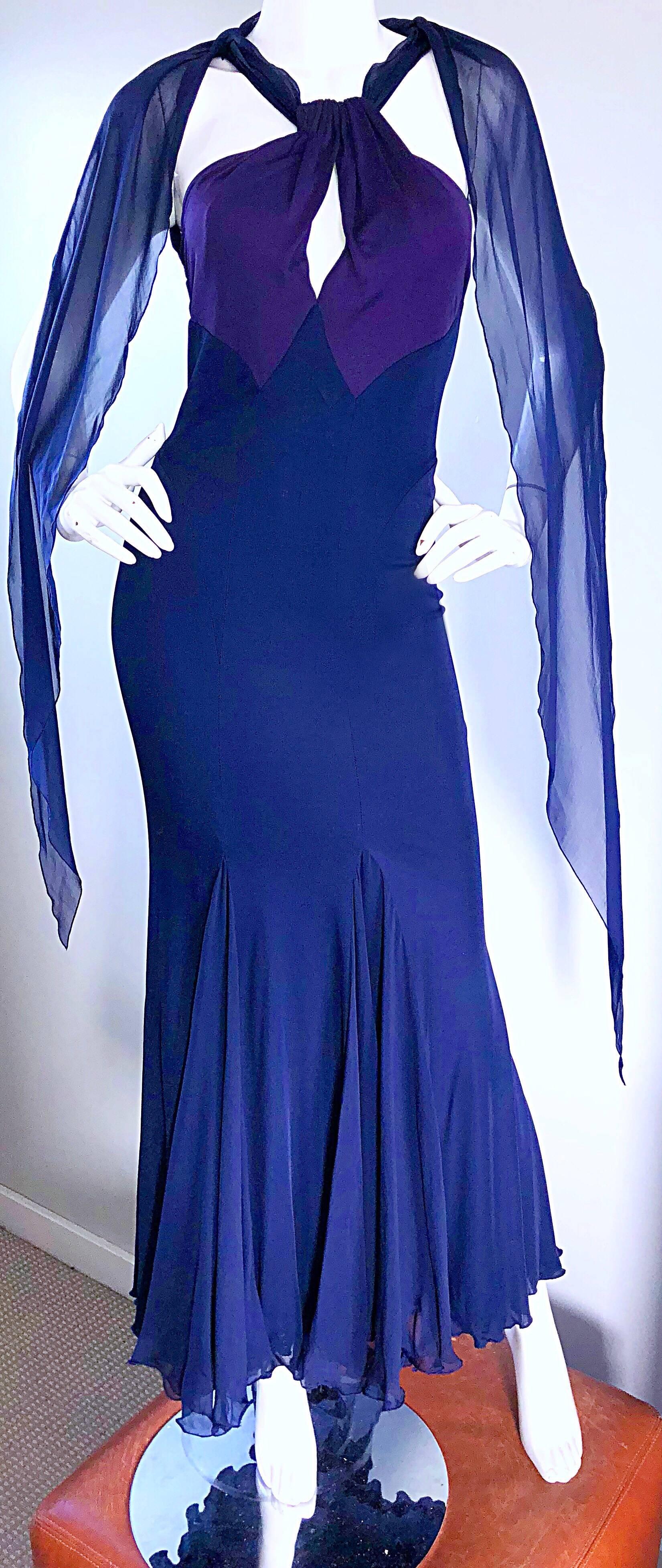 Bill Blass Vintage Silk Jersey and Chiffon Navy Blue Purple Grecian Evening Gown In Excellent Condition In San Diego, CA