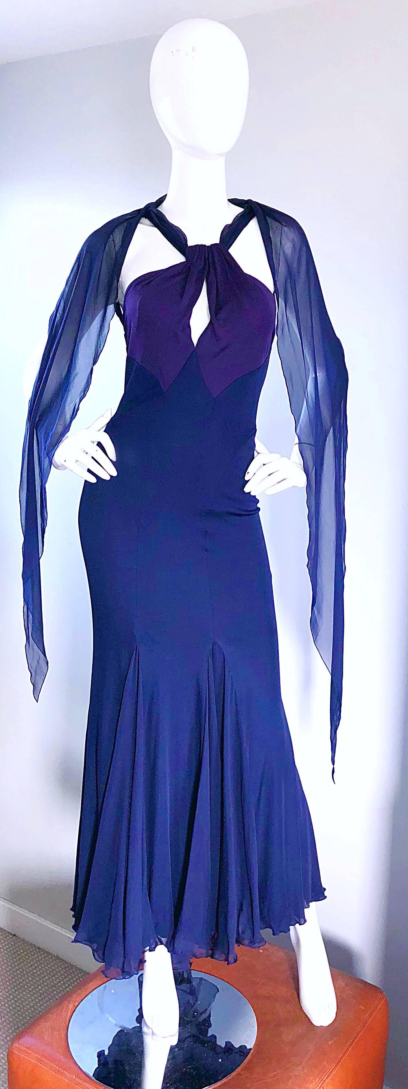 Women's Bill Blass Vintage Silk Jersey and Chiffon Navy Blue Purple Grecian Evening Gown