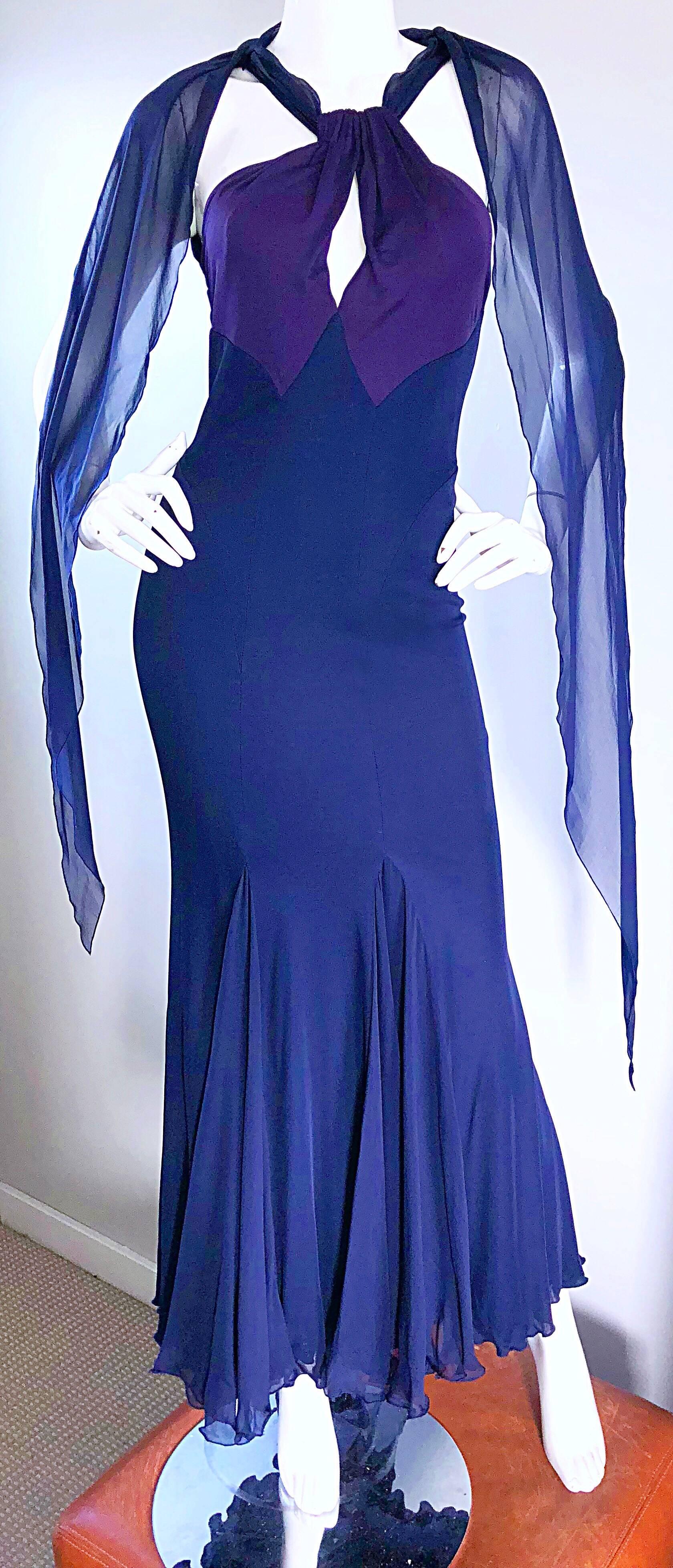 Bill Blass Vintage Silk Jersey and Chiffon Navy Blue Purple Grecian Evening Gown 1