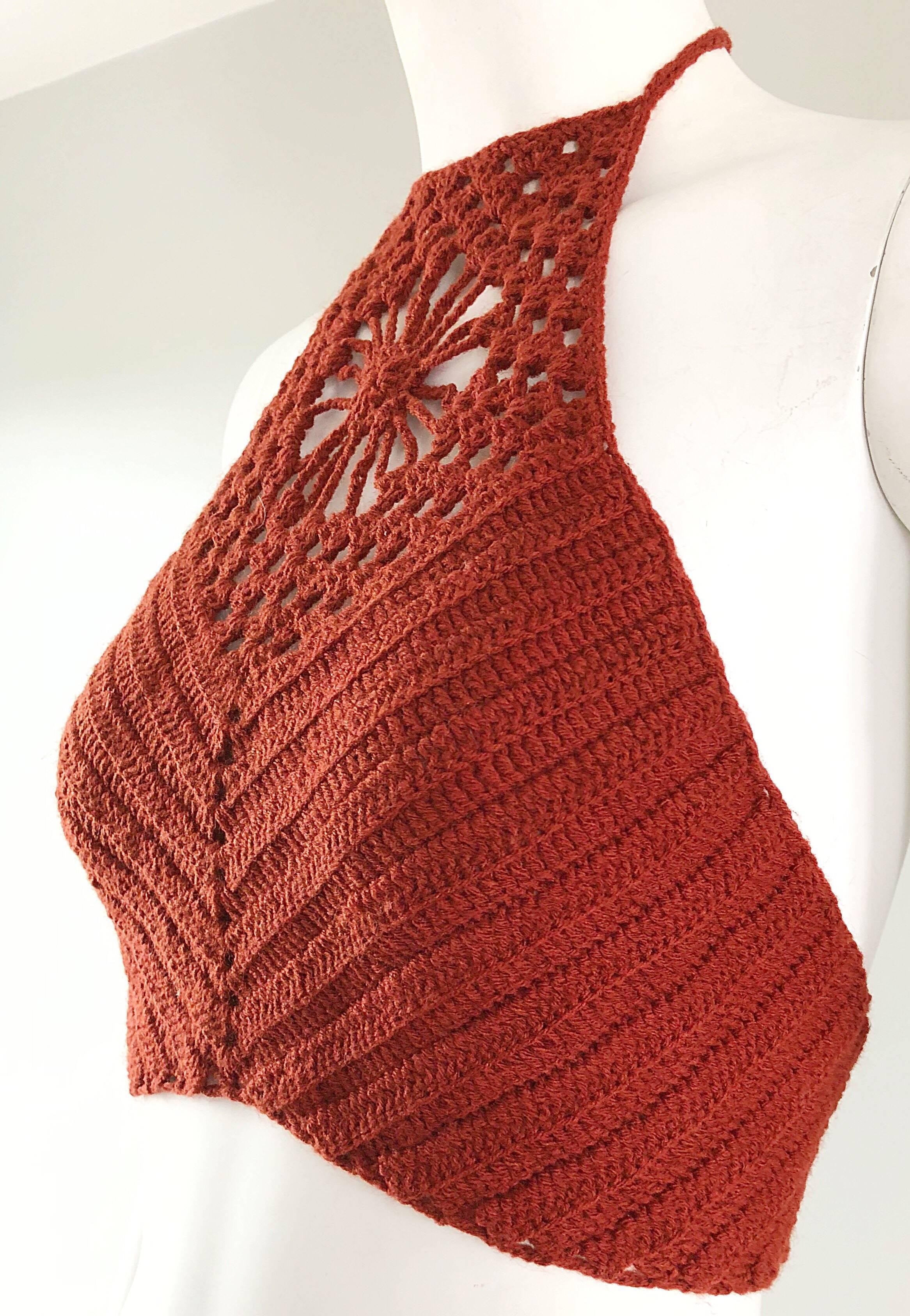 Red Burnt Orange Hand Crochet Vintage Wool Crop Top Flower Boho Shirt, 1970s  