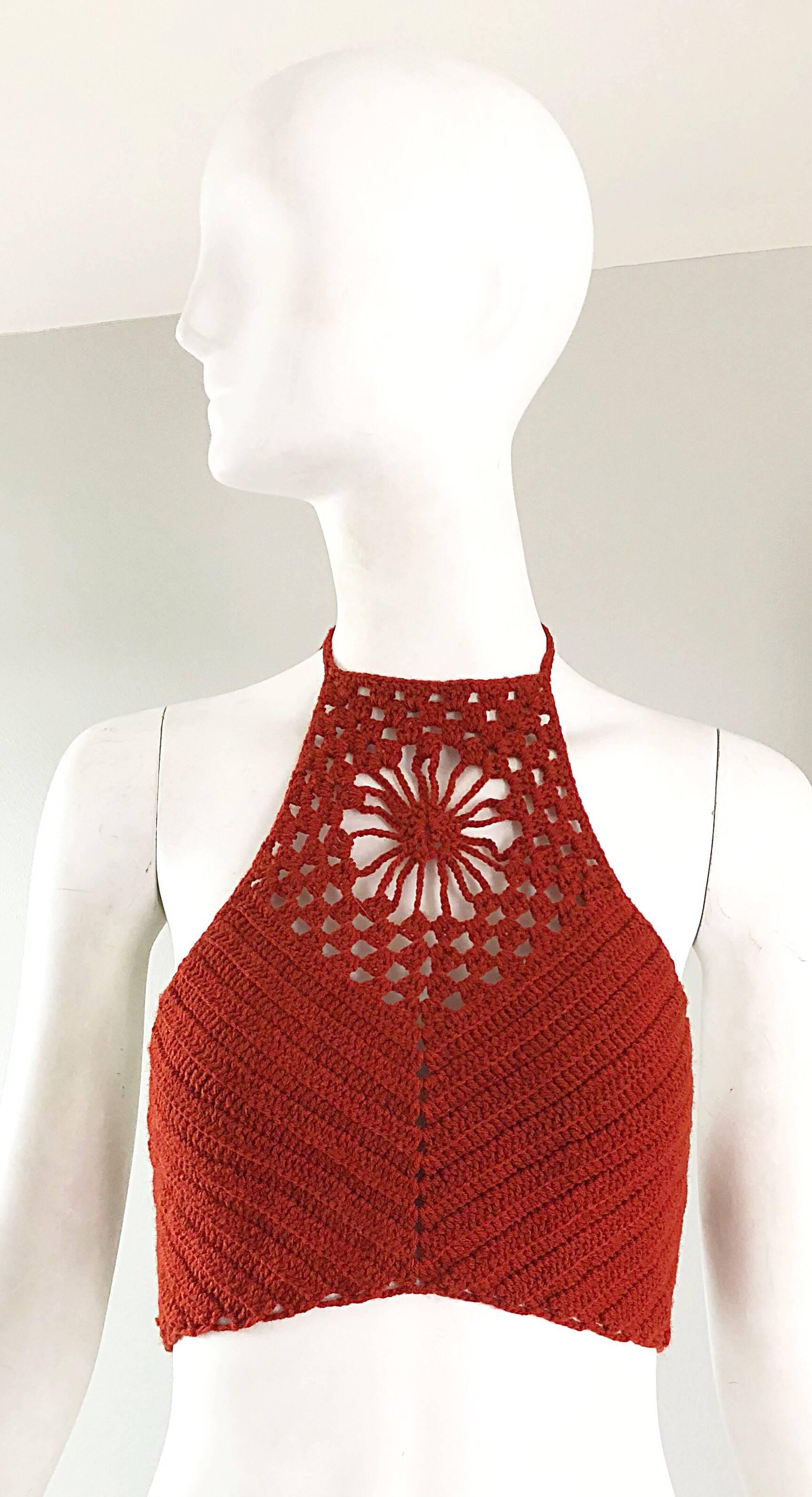 Burnt Orange Hand Crochet Vintage Wool Crop Top Flower Boho Shirt, 1970s   1