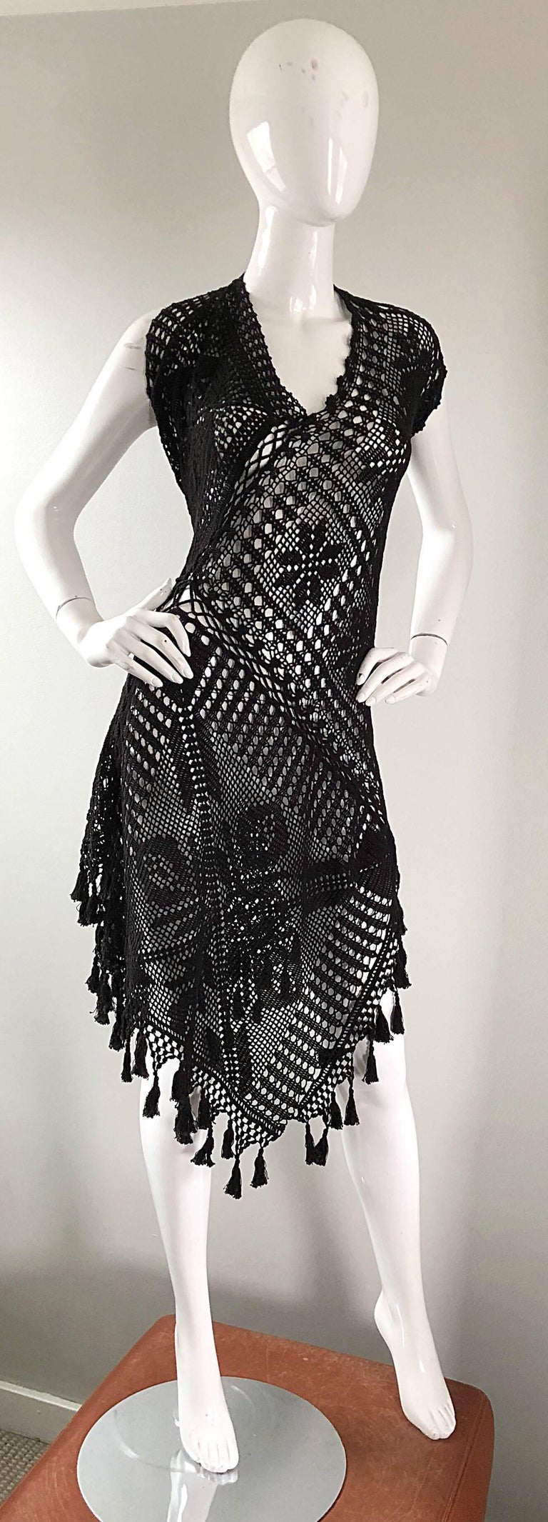 sachin and babi light blue dress 1990s Jean Paul Gaultier Vintage Black Hand Crochet Poncho Tunic Halter  Dress at 1stDibs