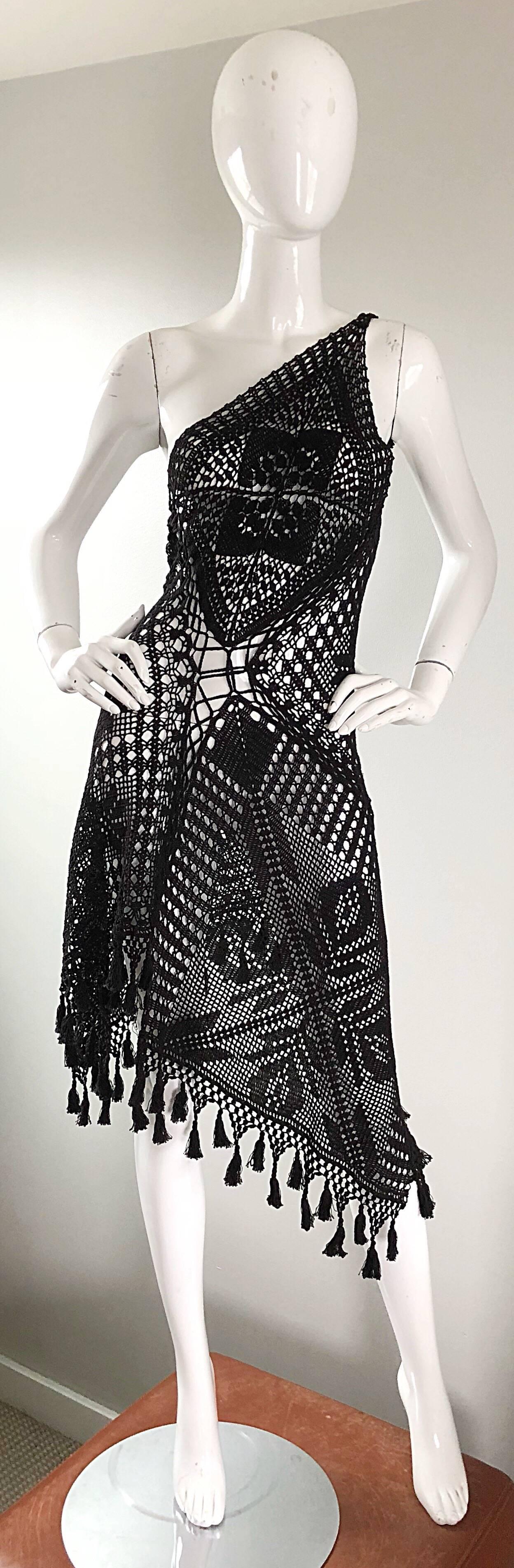 1990s Jean Paul Gaultier Vintage Black Hand Crochet Poncho Tunic Halter Dress In Excellent Condition In San Diego, CA