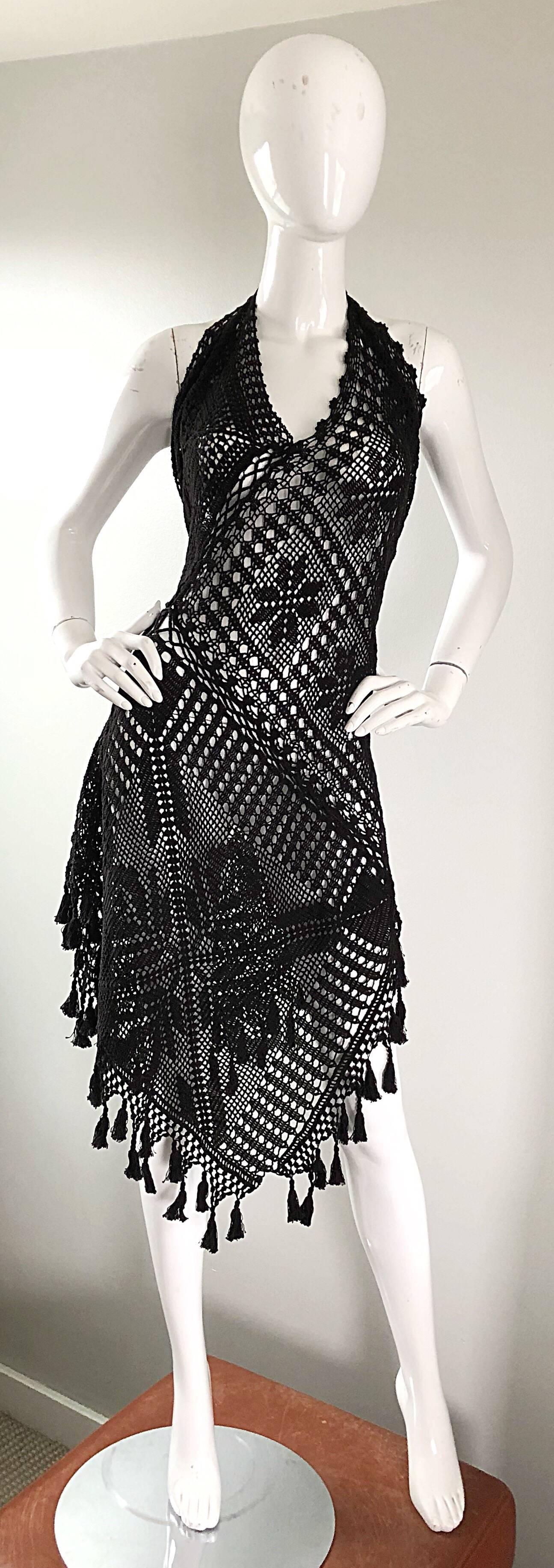 Women's 1990s Jean Paul Gaultier Vintage Black Hand Crochet Poncho Tunic Halter Dress