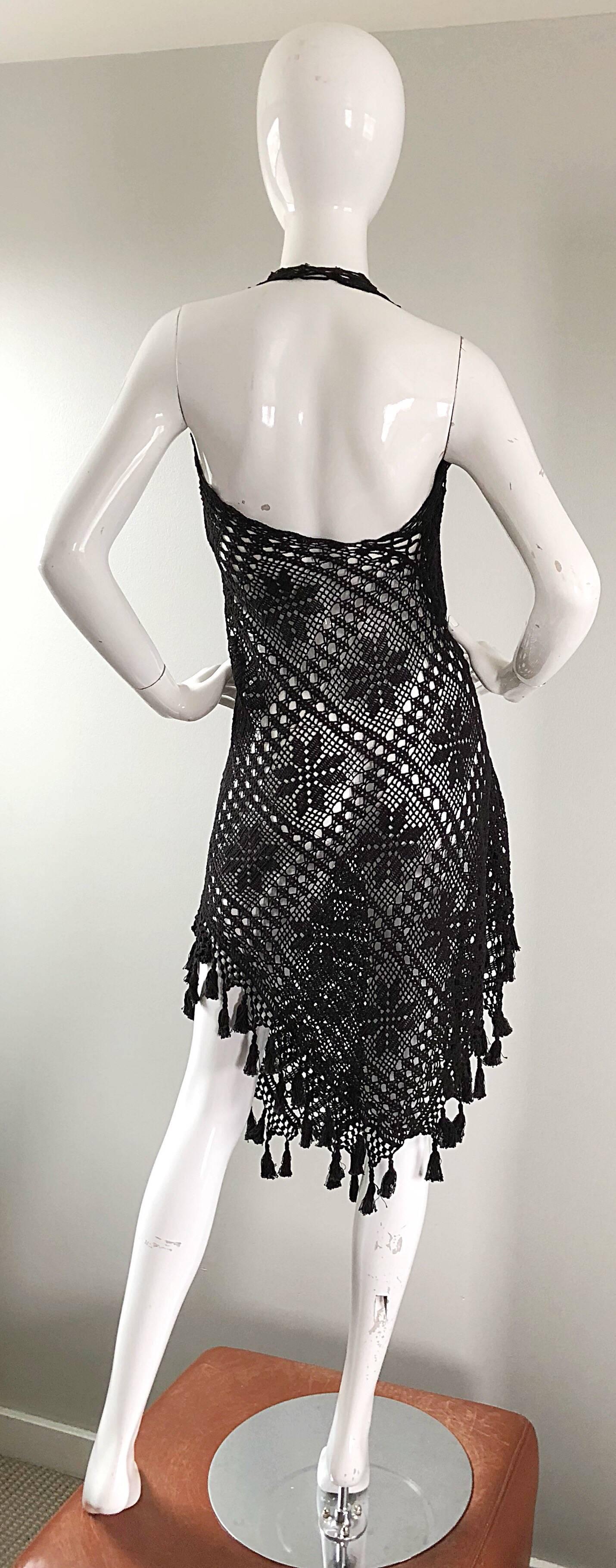 1990s Jean Paul Gaultier Vintage Black Hand Crochet Poncho Tunic Halter Dress 1