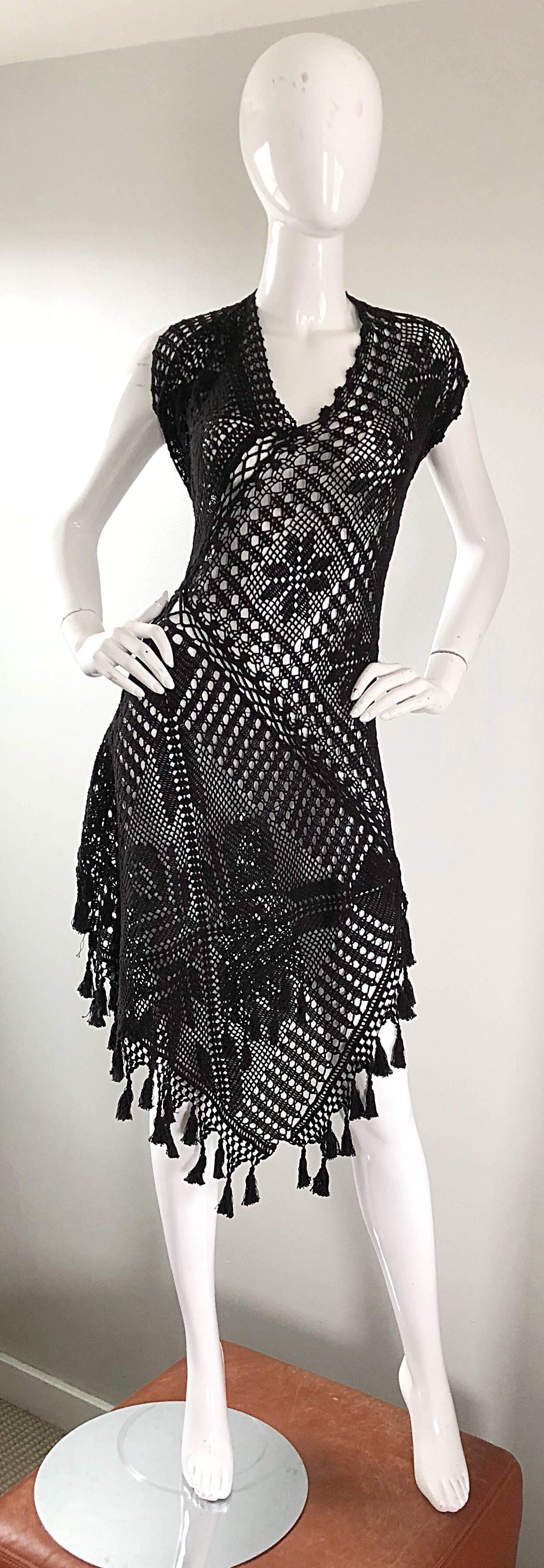 1990s Jean Paul Gaultier Vintage Black Hand Crochet Poncho Tunic Halter Dress 2