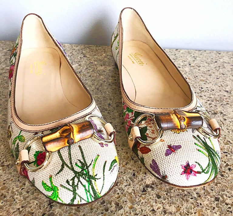 Gucci Size 37 / 7 Flora Print Canvas and Leather Ballet Flats Shoes at ...