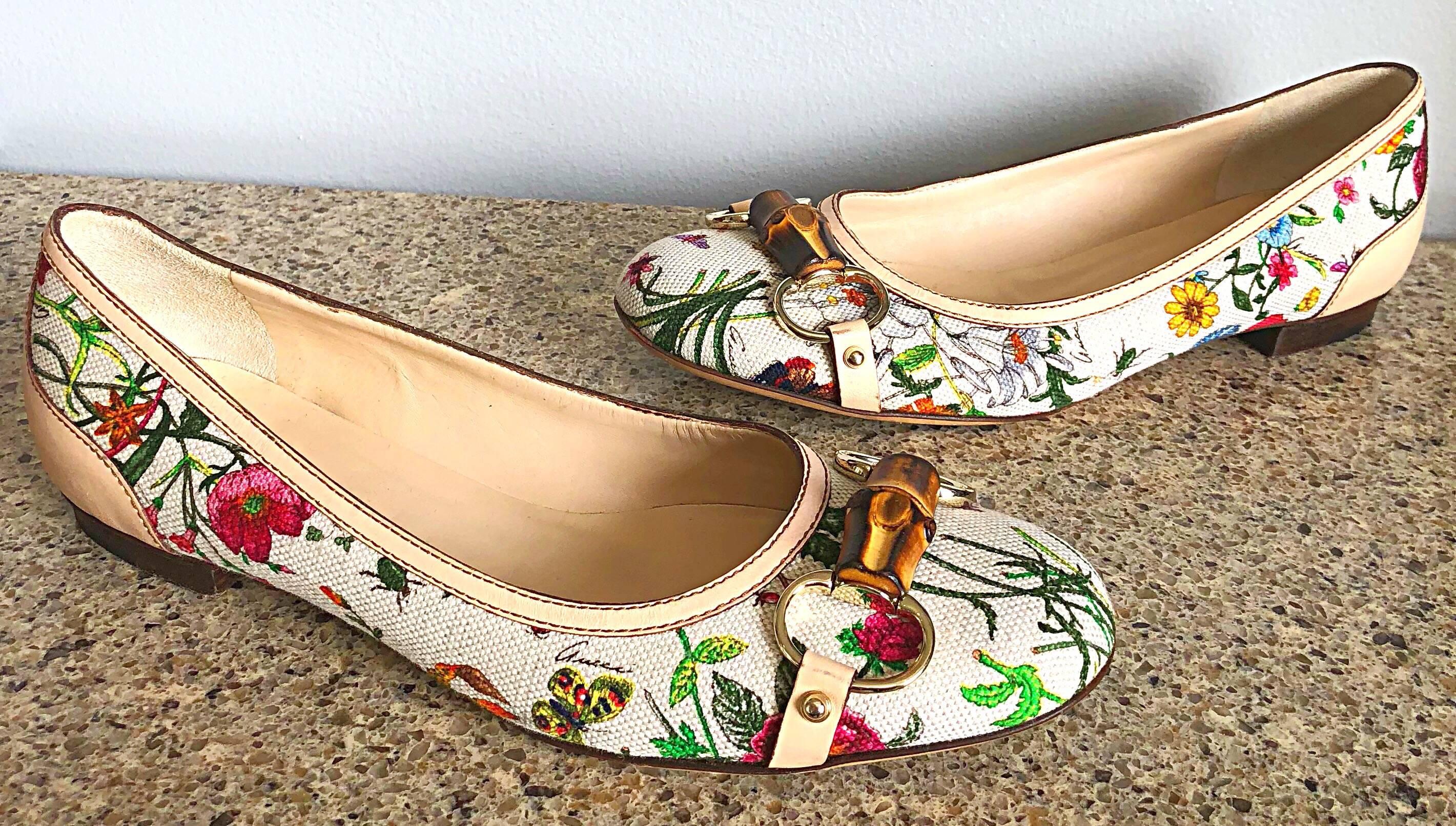 Women's Gucci Size 37 / 7 Flora Print Canvas and Leather Ballet Flats Shoes 