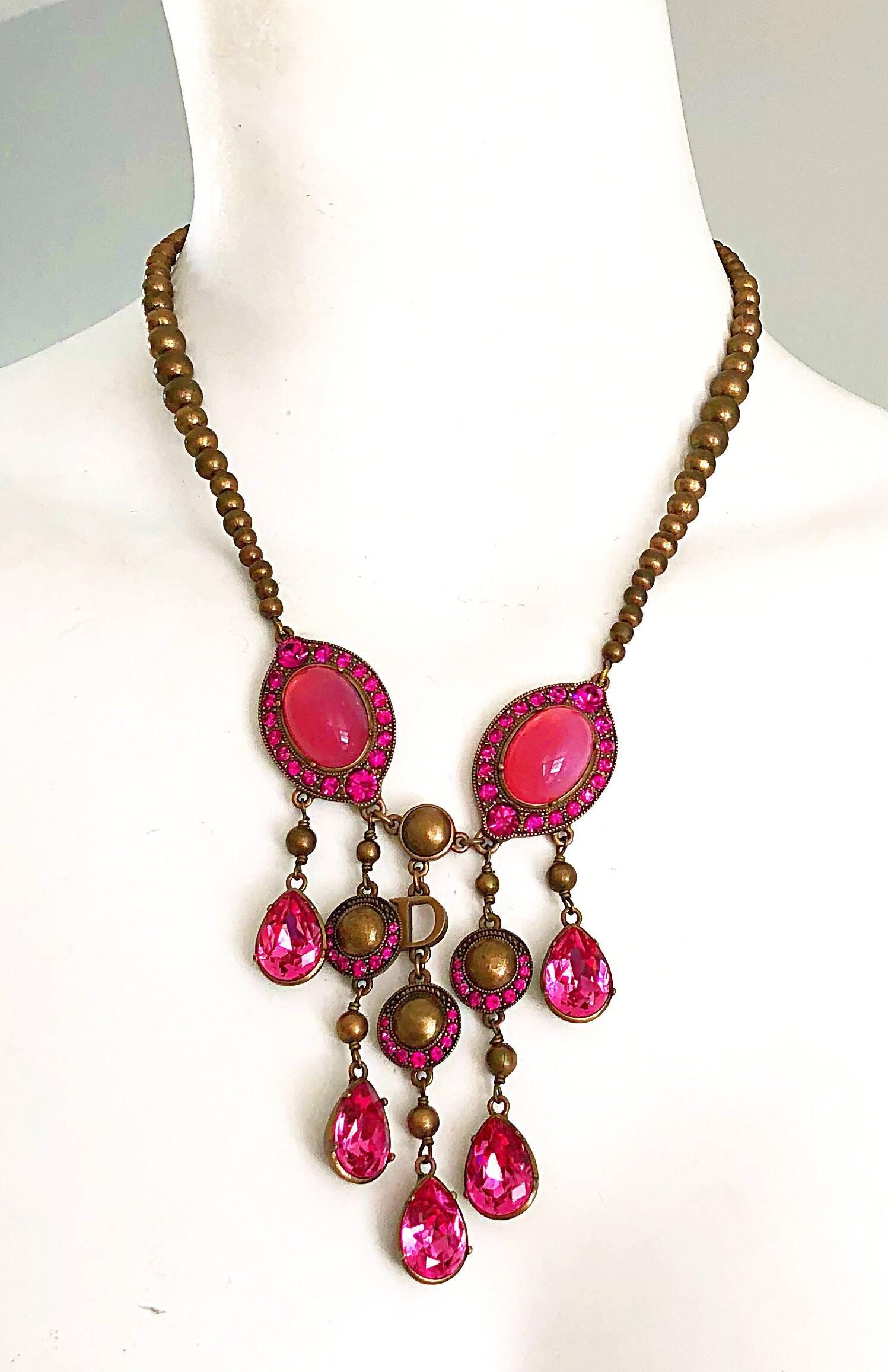 Christian Dior by John Galliano Pink and Gold Brass Rhinestone Vintage Necklace In Excellent Condition In San Diego, CA