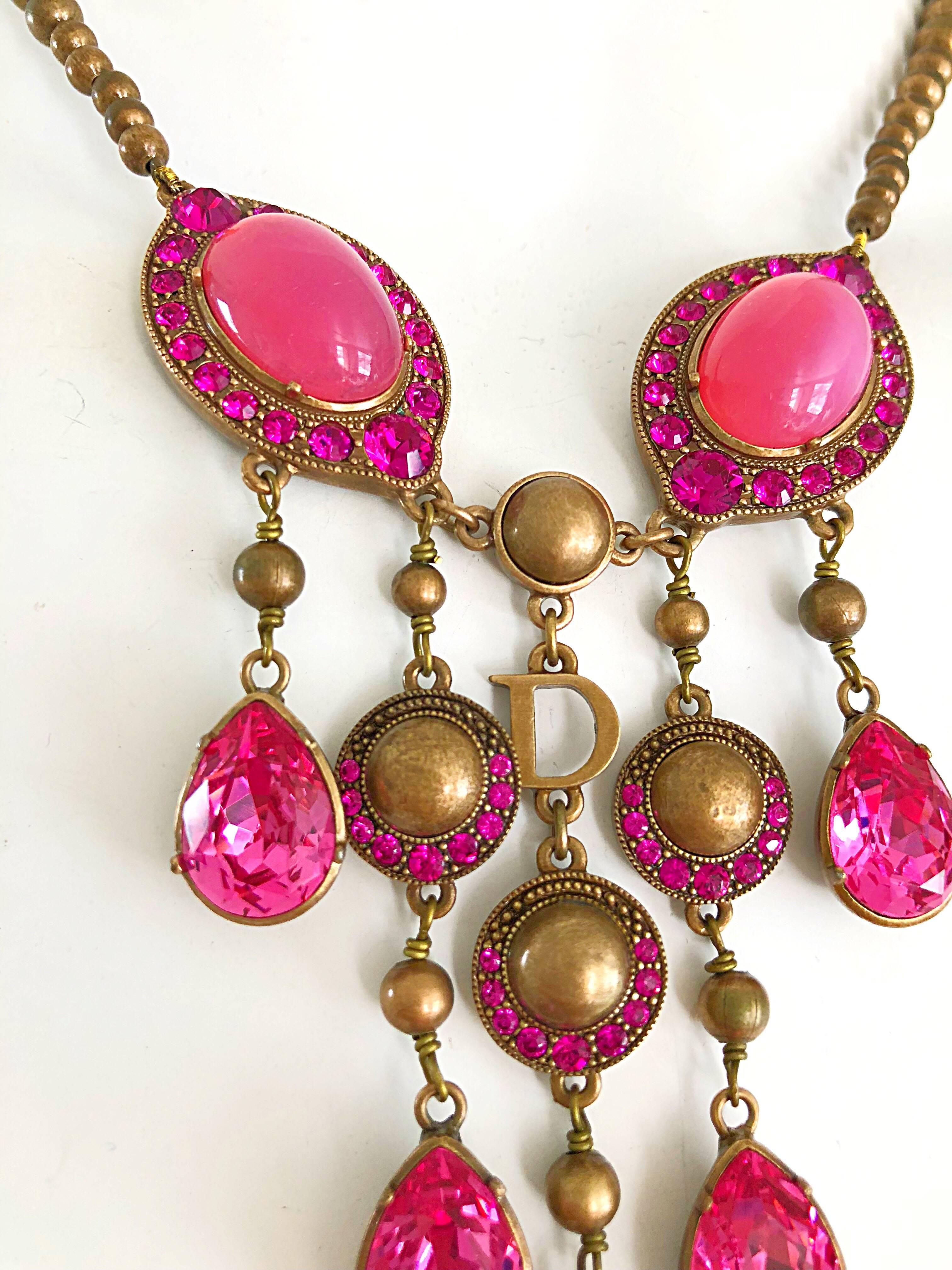 Women's Christian Dior by John Galliano Pink and Gold Brass Rhinestone Vintage Necklace