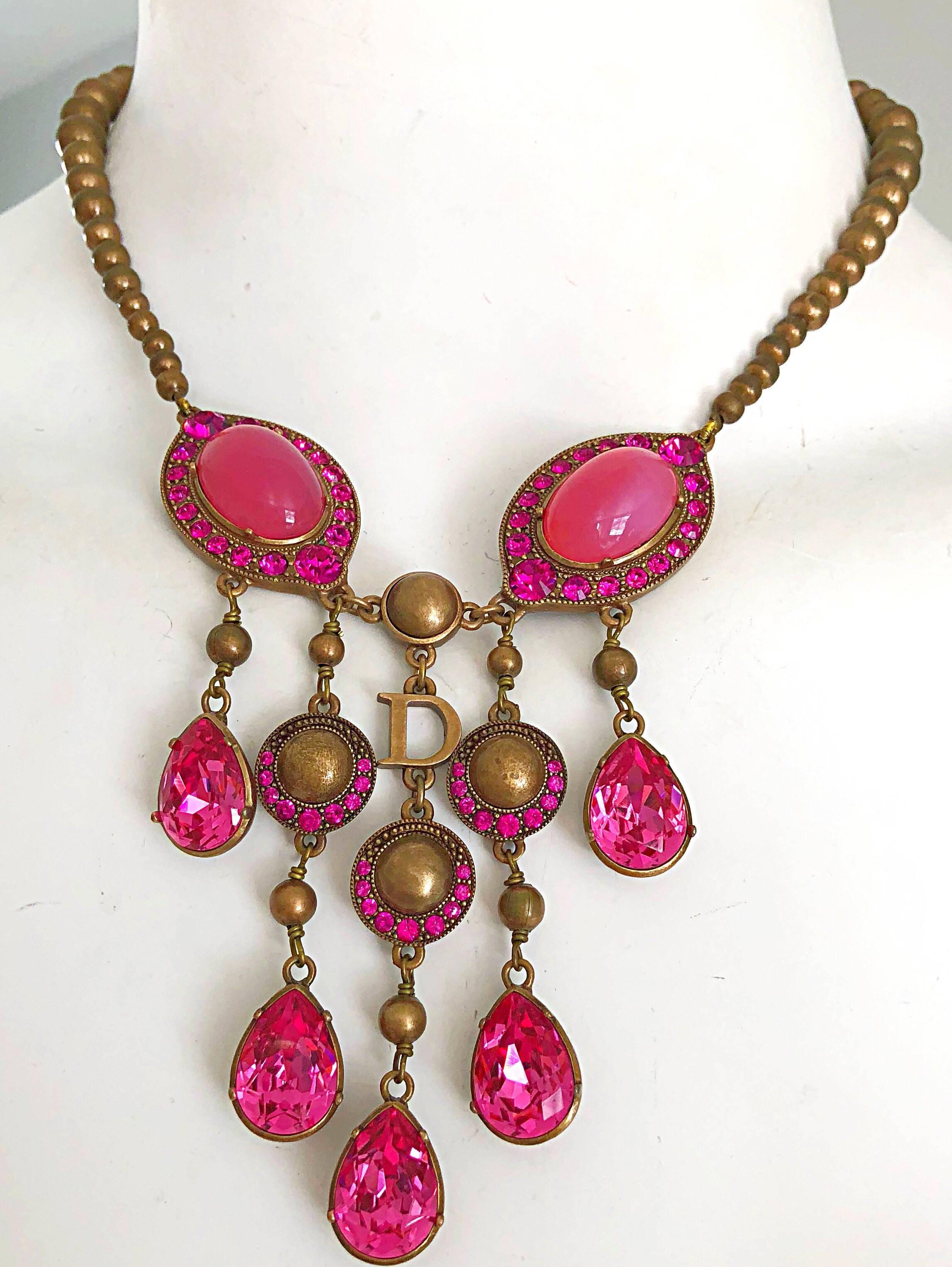 Christian Dior by John Galliano Pink and Gold Brass Rhinestone Vintage Necklace 1