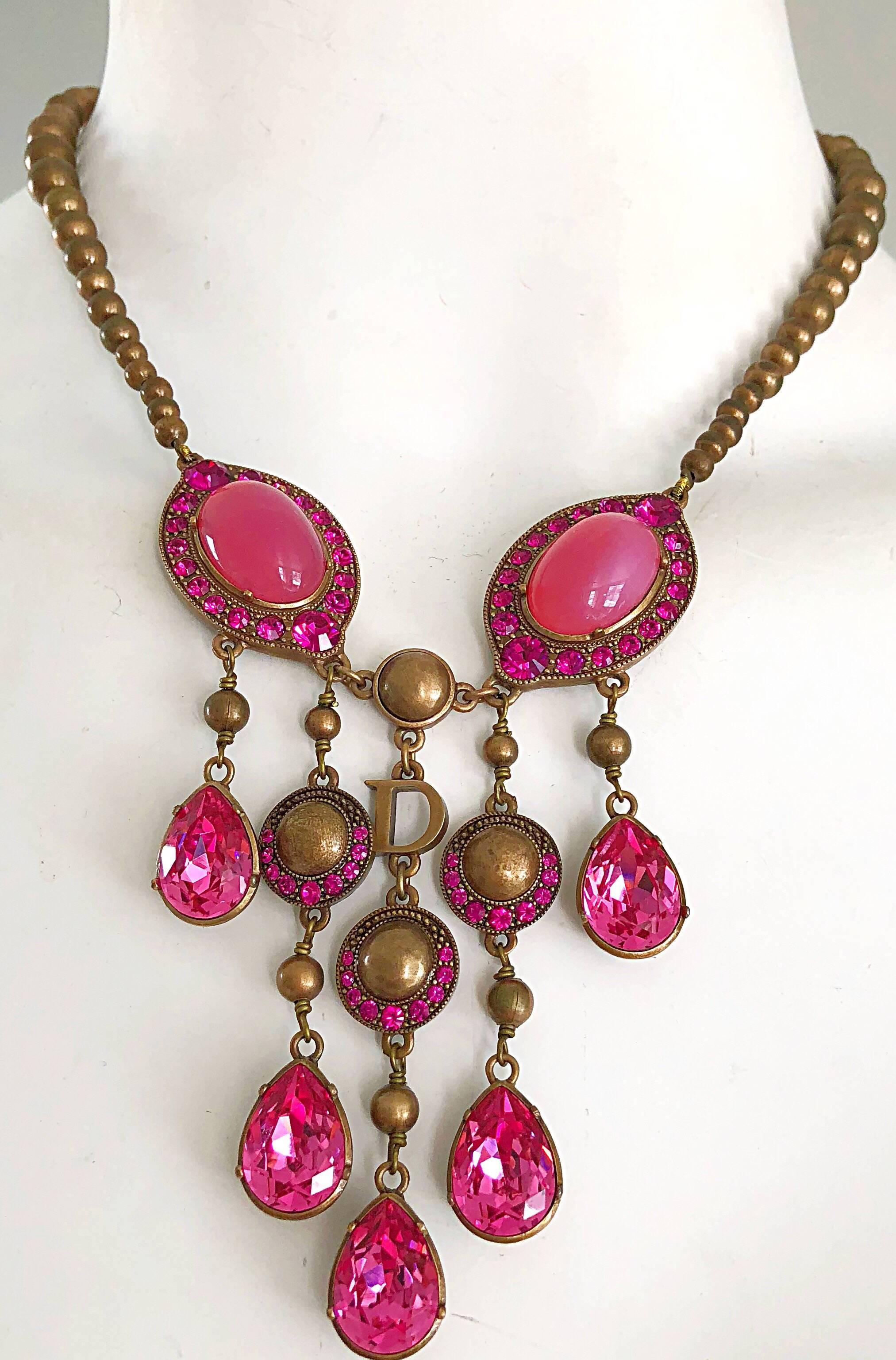 Christian Dior by John Galliano Pink and Gold Brass Rhinestone Vintage Necklace 3