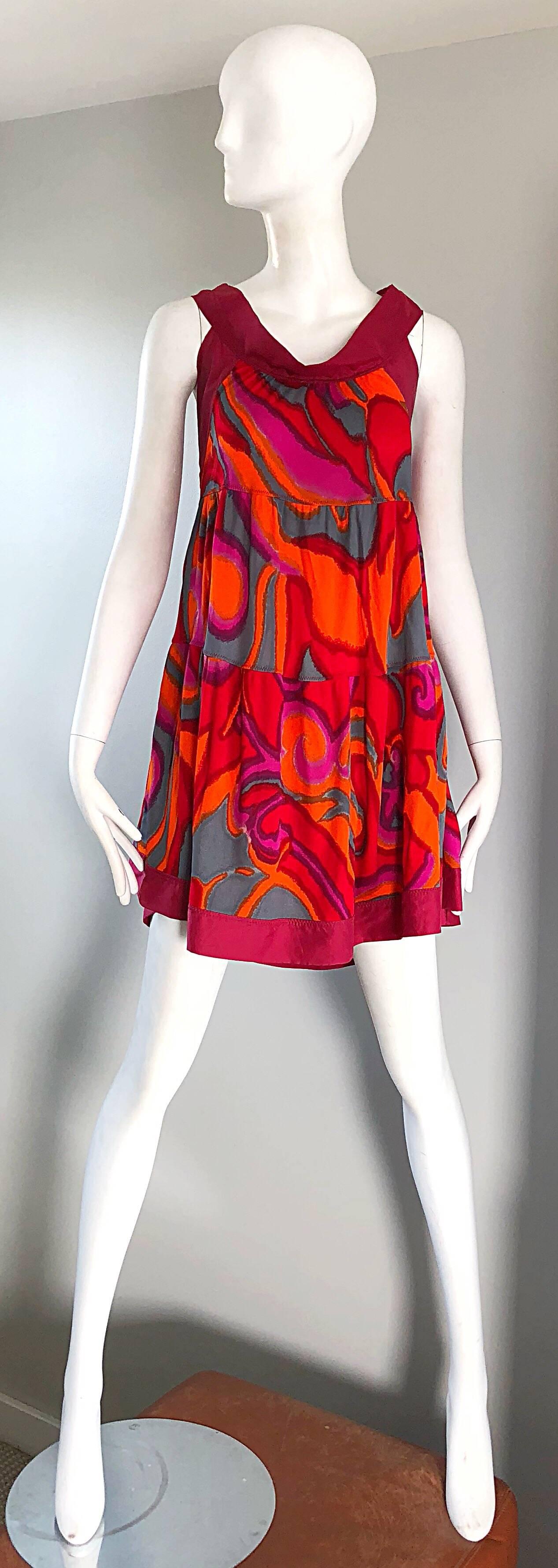 Chic 90s MISSONI hot pink, neon orange, and grey silk jersey Trapeze babydoll / empire waist dress! Features a tie-dye like print throughout. Simply slips over the head. Comfortable silk jersey material stretches to fit. Raspberry pink silk collar