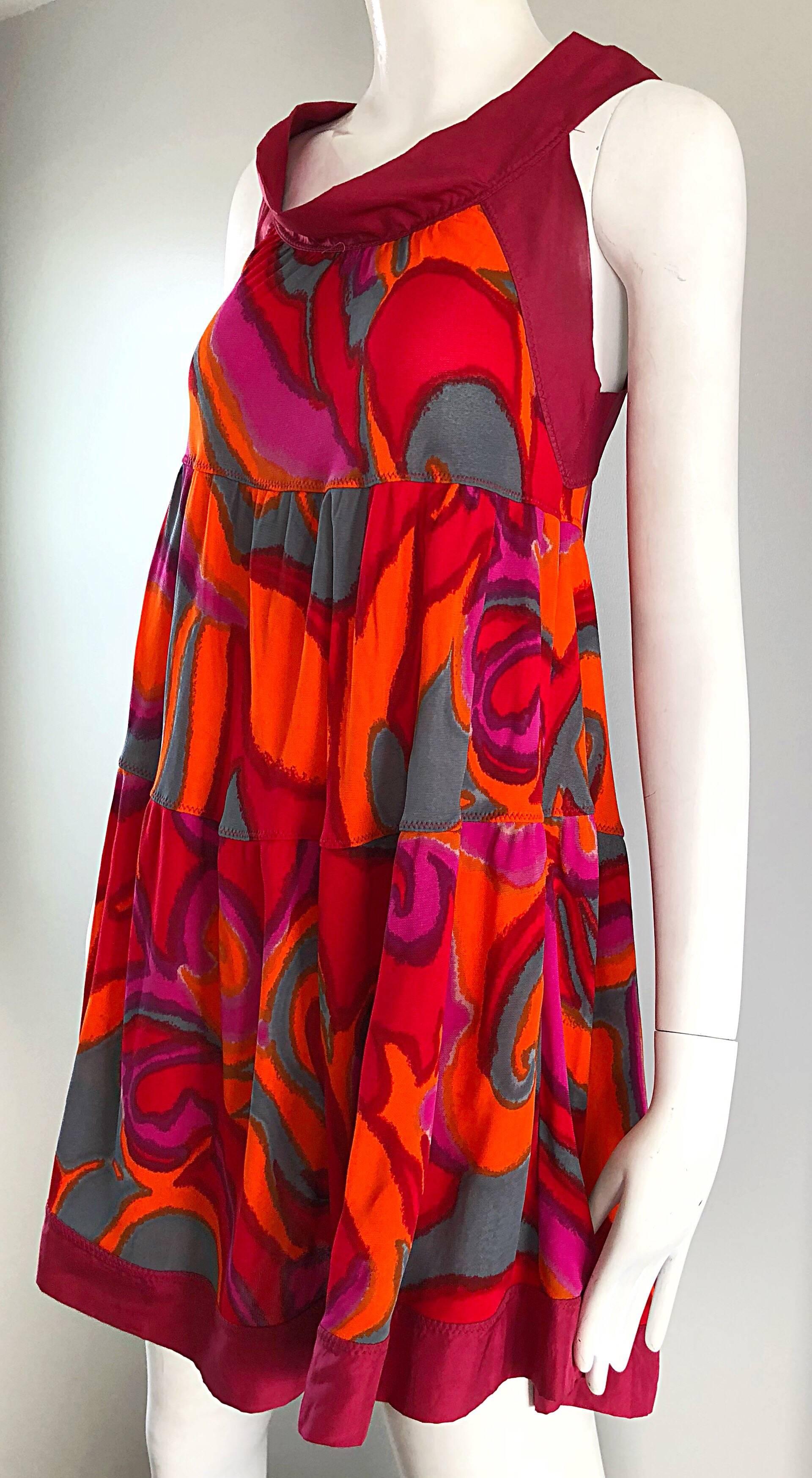 Red Missoni 1990s Hot Pink + Neon Orange + Gray Silk Jersey Vintage Trapeze Dress