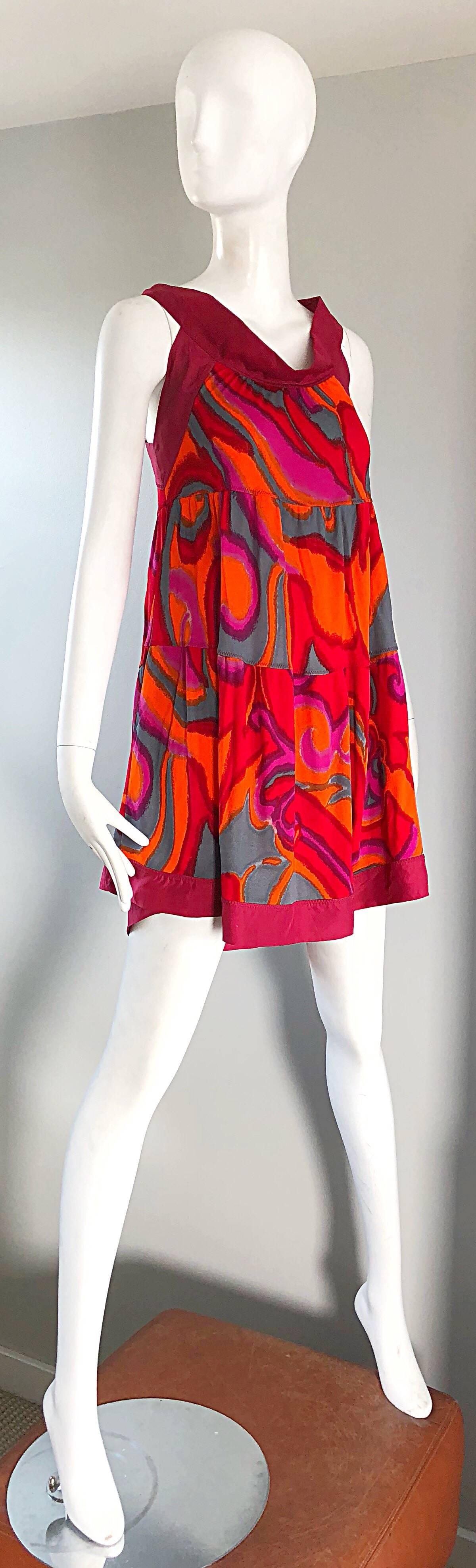 Missoni 1990s Hot Pink + Neon Orange + Gray Silk Jersey Vintage Trapeze Dress In Excellent Condition In San Diego, CA