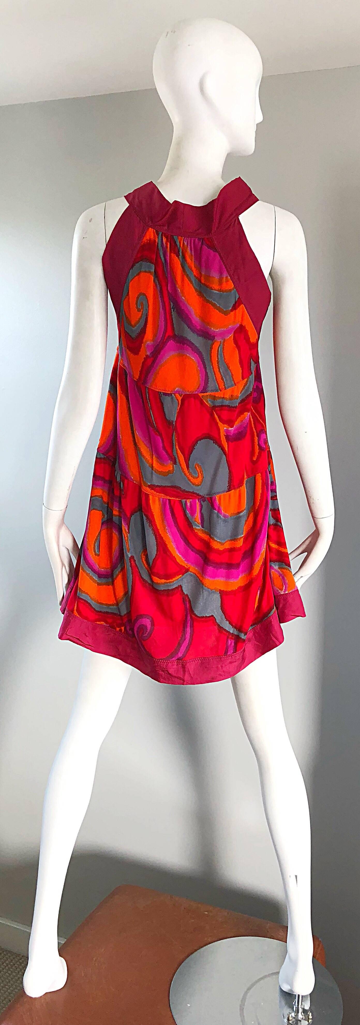 Women's Missoni 1990s Hot Pink + Neon Orange + Gray Silk Jersey Vintage Trapeze Dress