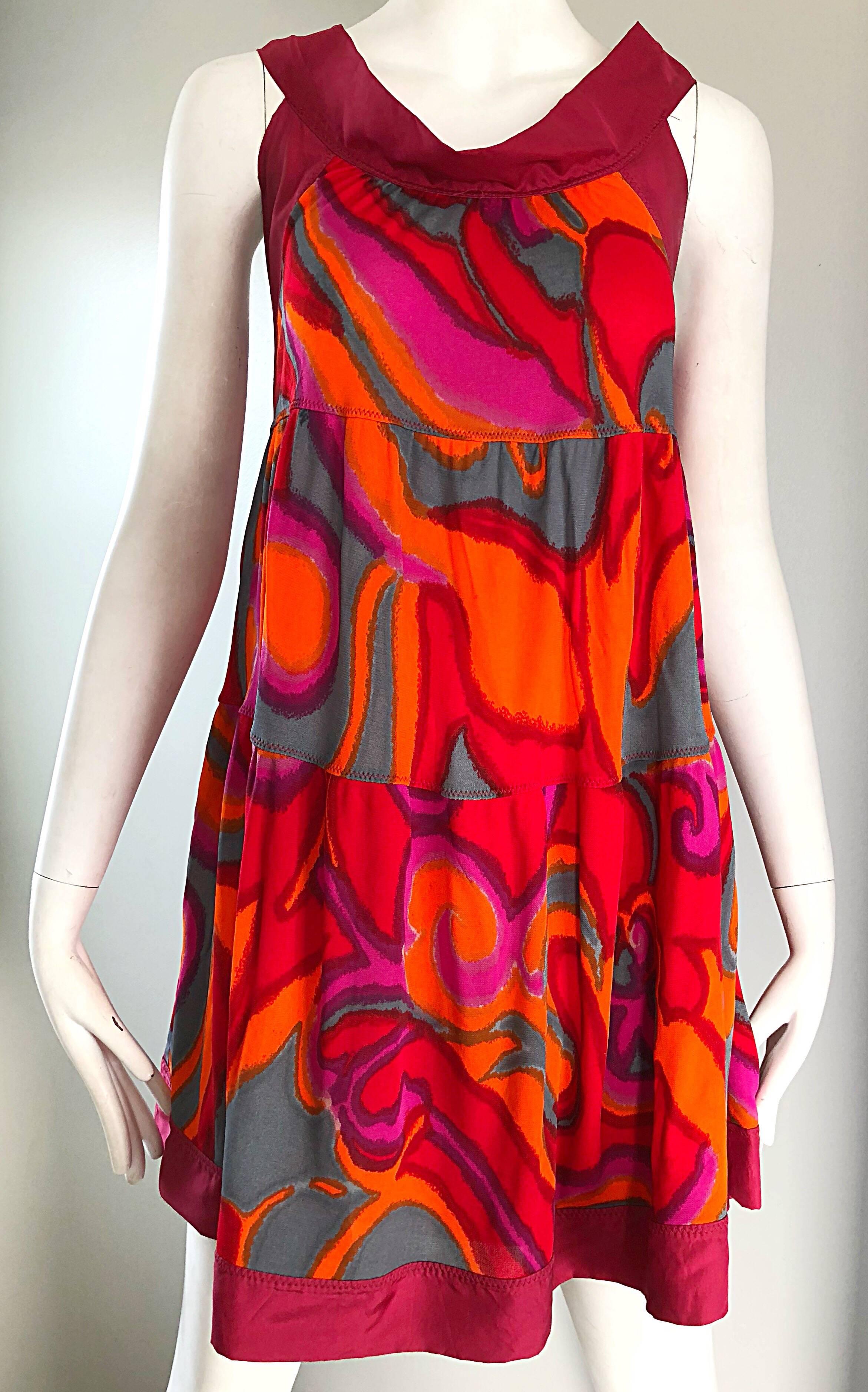Missoni 1990s Hot Pink + Neon Orange + Gray Silk Jersey Vintage Trapeze Dress 1