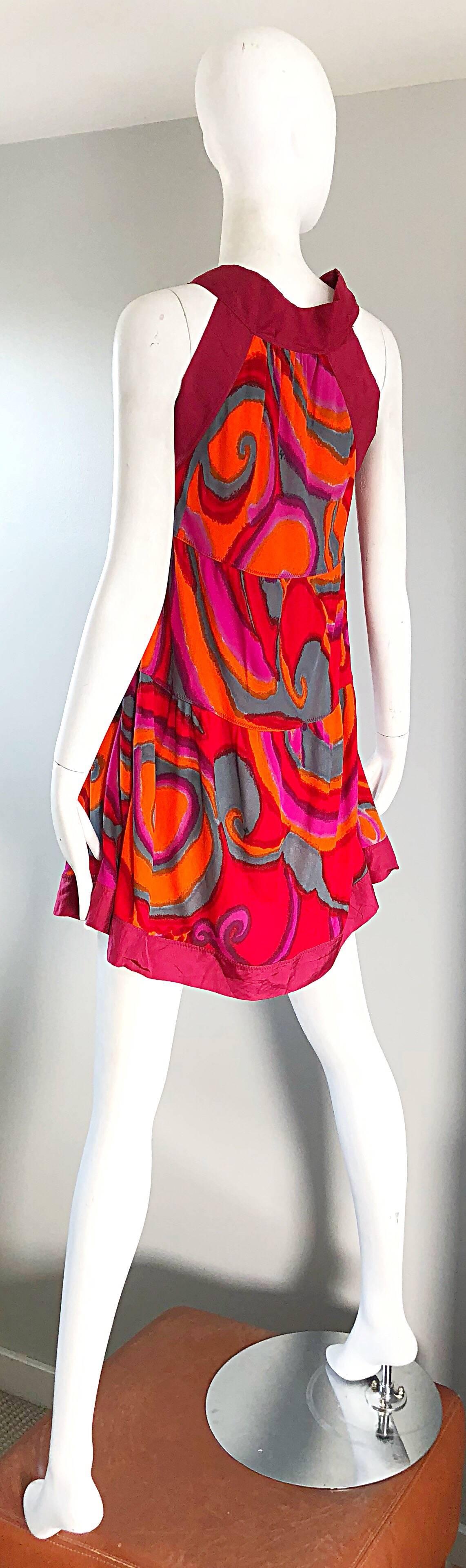 Missoni 1990s Hot Pink + Neon Orange + Gray Silk Jersey Vintage Trapeze Dress 2