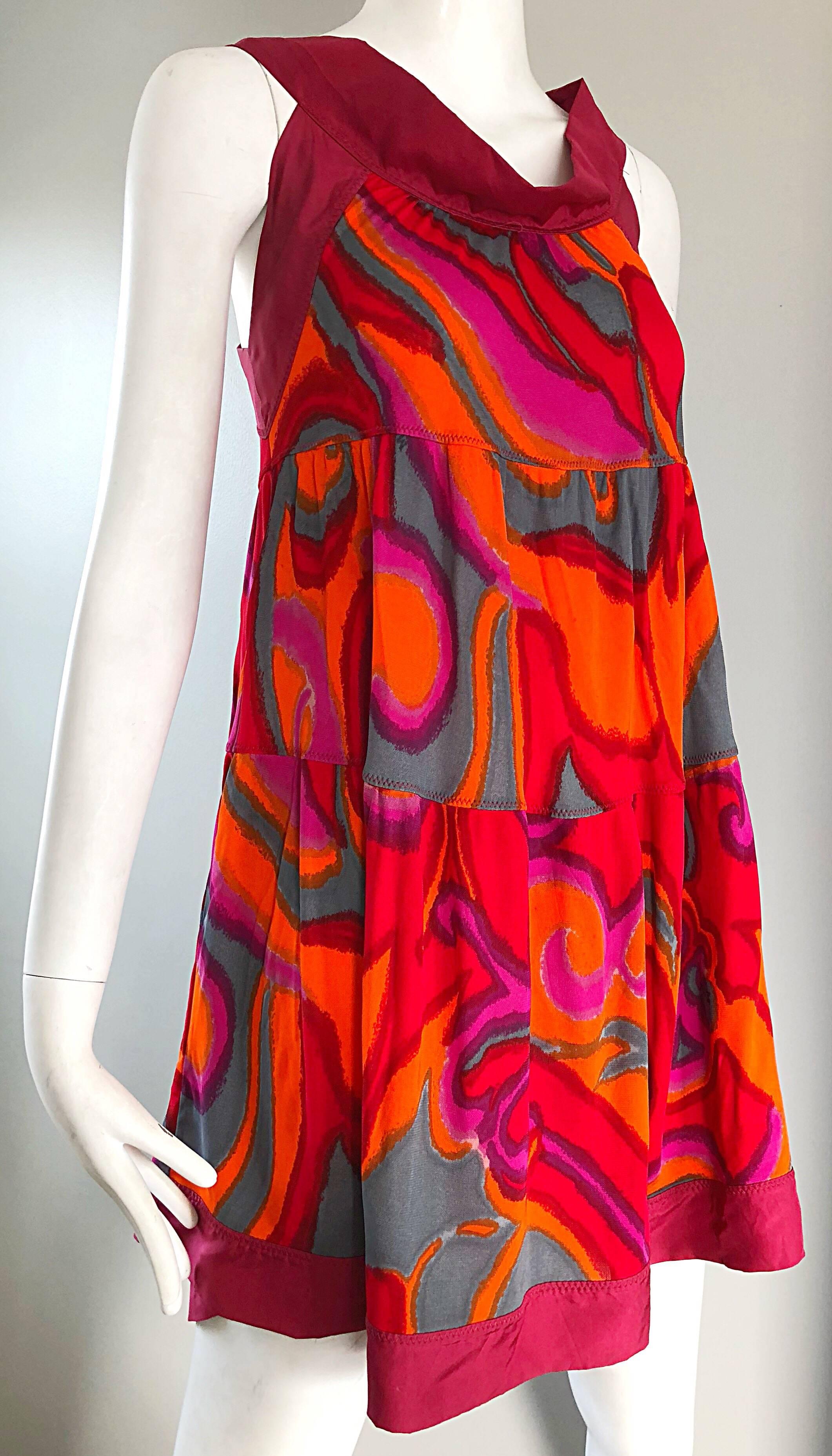 Missoni 1990s Hot Pink + Neon Orange + Gray Silk Jersey Vintage Trapeze Dress 3