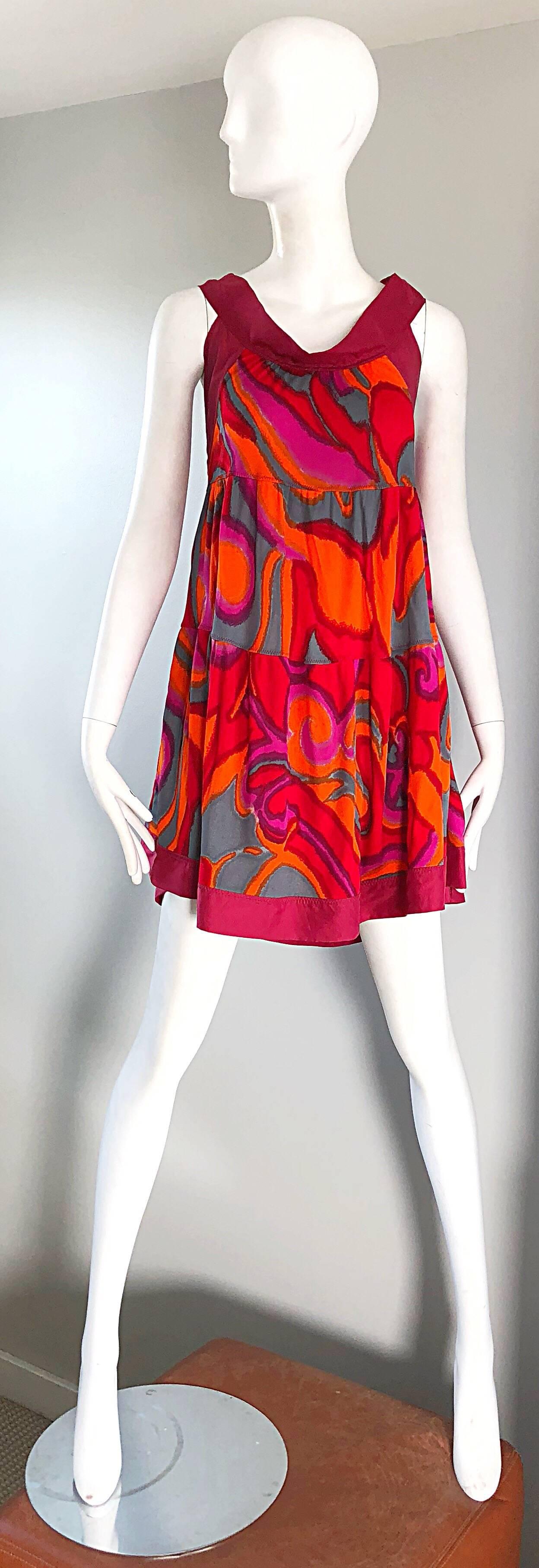 Missoni 1990s Hot Pink + Neon Orange + Gray Silk Jersey Vintage Trapeze Dress 4